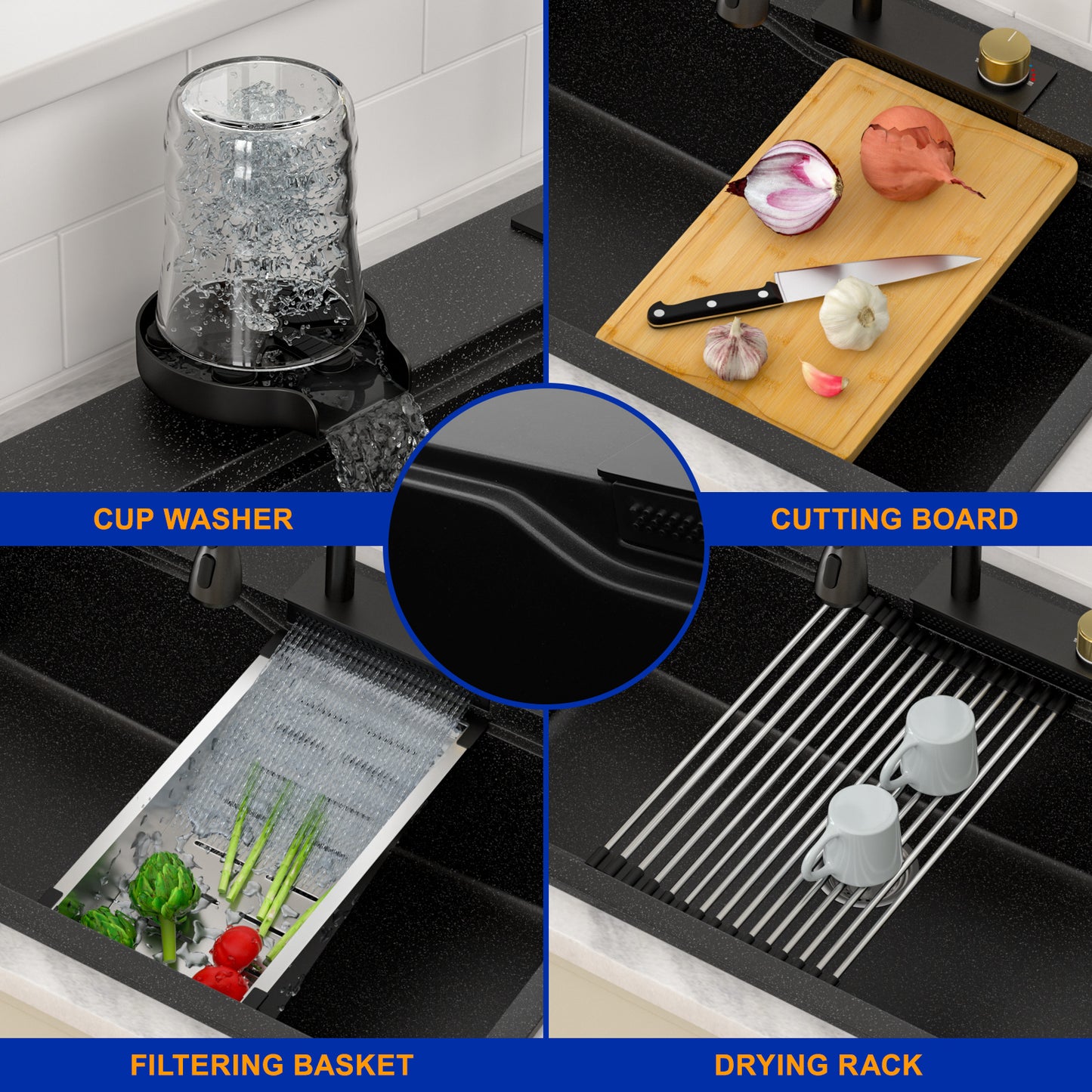 Dcolora Waterfall Smart Kitchen Sink 33x22 Drop In Single Bowl Multifunctional Kitchen Sinks With Faucet And Cup Washer,33 Inch Granite Composite (Black) DC-GBT7733FY