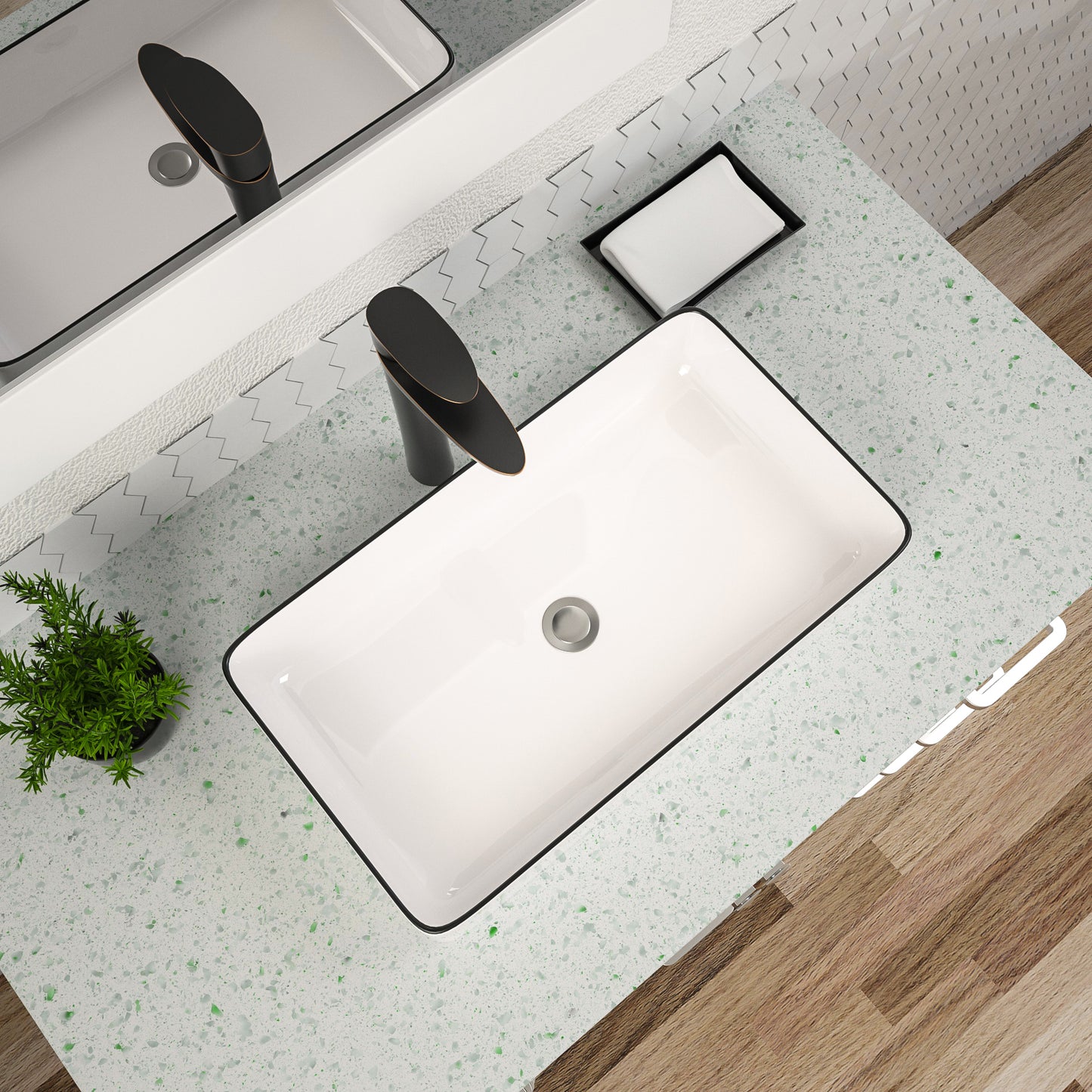 Vessel Sink Rectangular, Dcolora 24"x14" White Vessel Sink with Black Rim Ceramic Porcelain Rectangle Bathroom Vessel Sink Above Counter Vanity Sink Basin