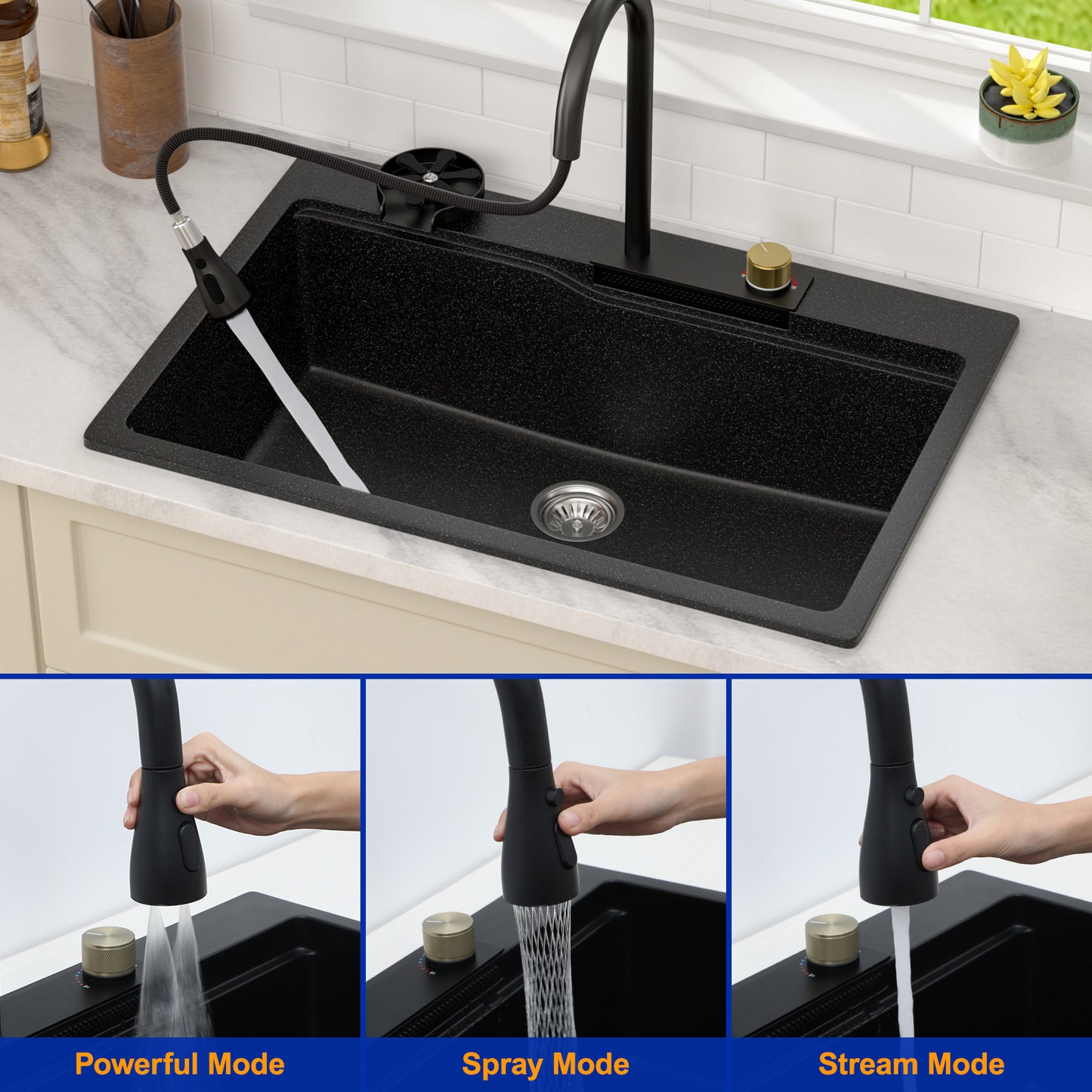 Dcolora Waterfall Smart Kitchen Sink 33x22 Drop In Single Bowl Multifunctional Kitchen Sinks With Faucet And Cup Washer,33 Inch Granite Composite (Black) DC-GBT7733FY