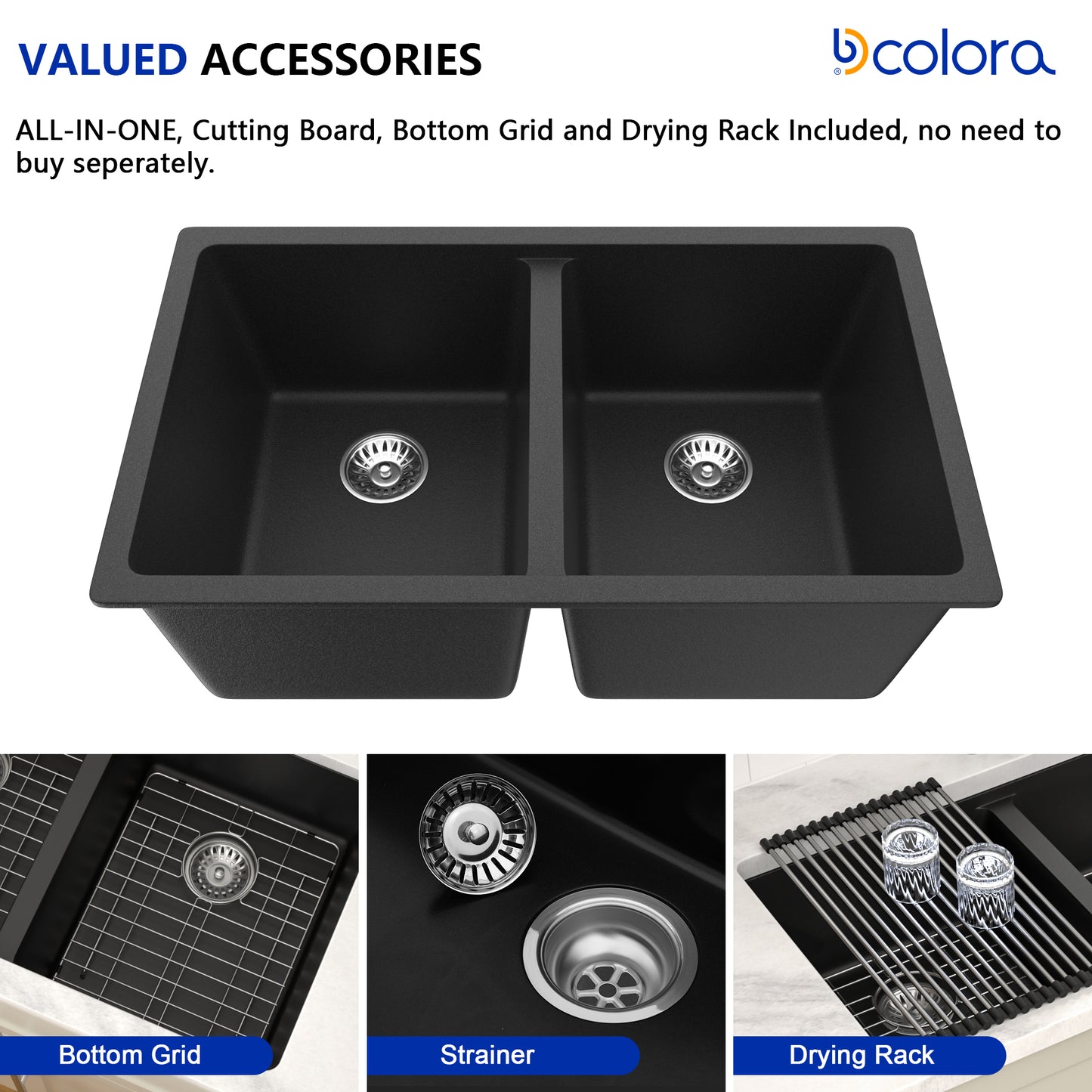 Dcolora 33 inch Quartz Matte Black Granite Composite Double Bowl Undermount Kitchen Sink Basin Deep 50/50 Split, DC-GU7761