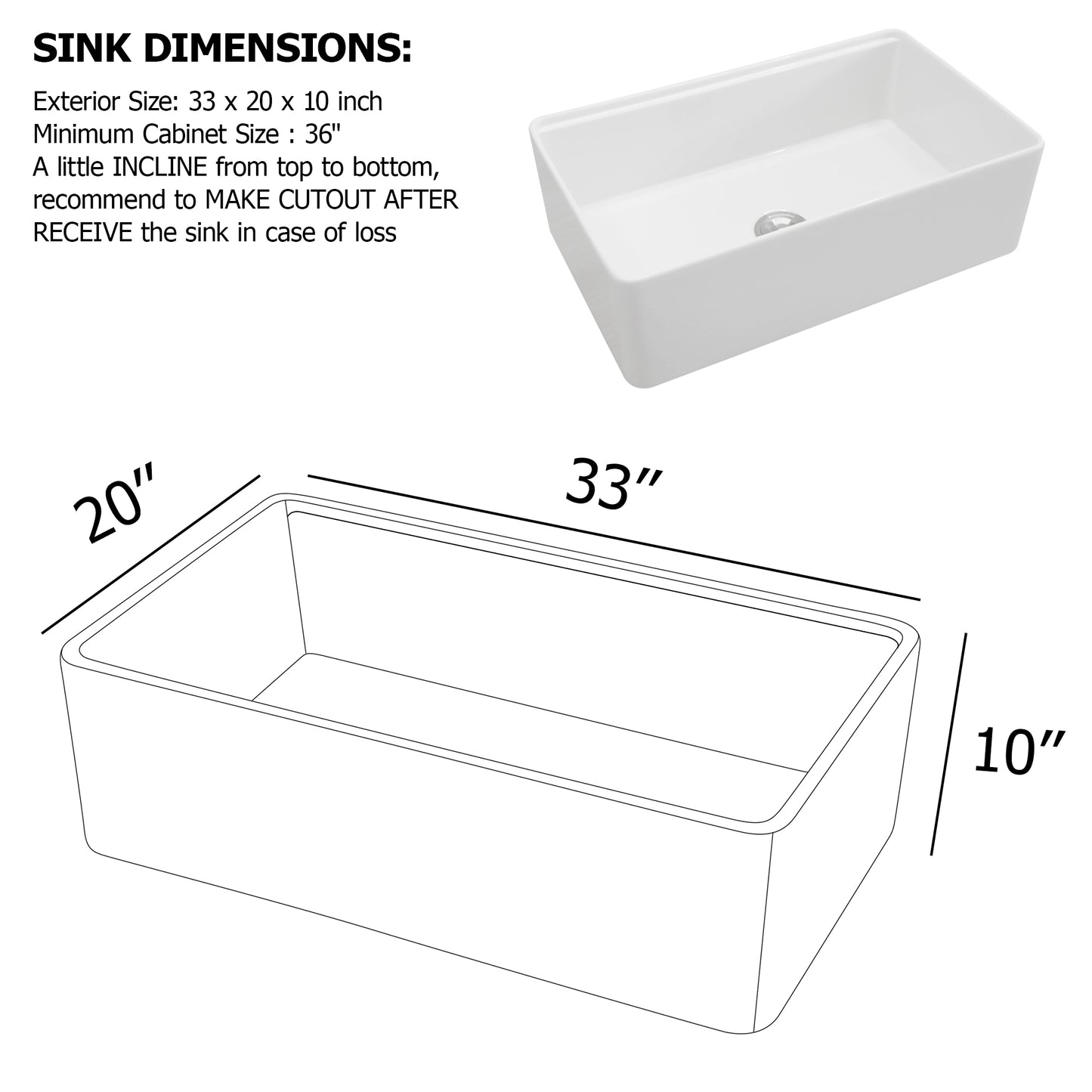 Dcolora 33 Inch White Farmhouse Sink Workstation Fireclay Porcelain Farm Kitchen Barn Sinks Flat Apron Front Ceramic Single Bowl Country Sink, DC-A7765, 33"x20"x10"