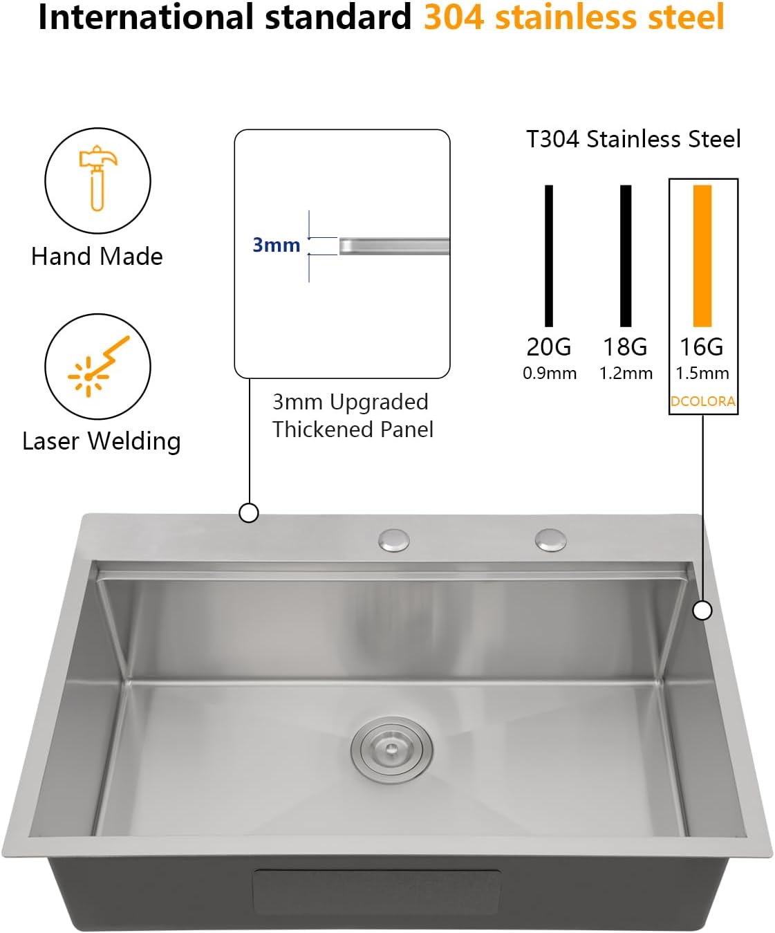 Dcolora 33x22 Drop In Kitchen Sink Workstation 16 Gauge 304 Stainless Steel Single Bowl Topmount Sinks, Round Corner 33"x22"x10", DC-T7741