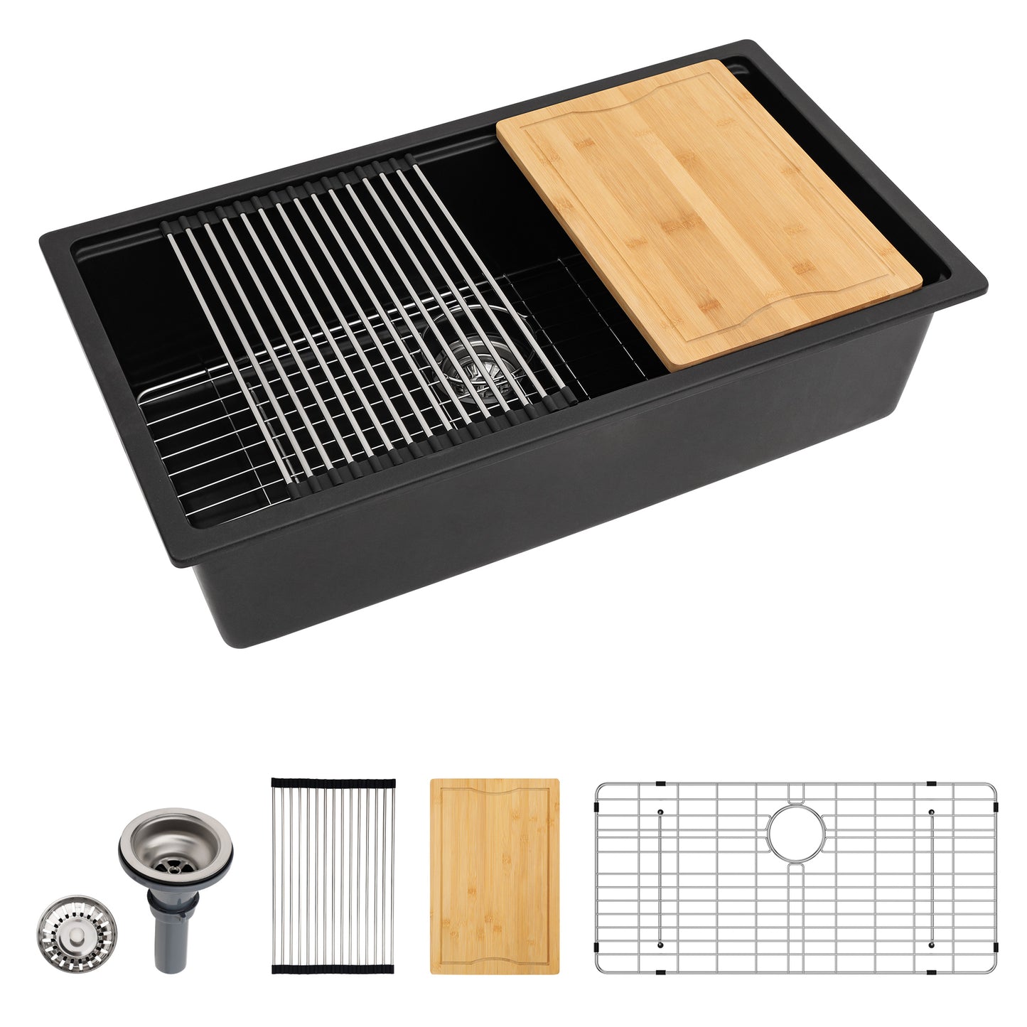 Dcolora 30 inches Granite Composite Kitchen Sink Workstation Black Undermount Single Bowl Large Kitchen Sink 30"W x 19"D x 10"H, DC-GU7742