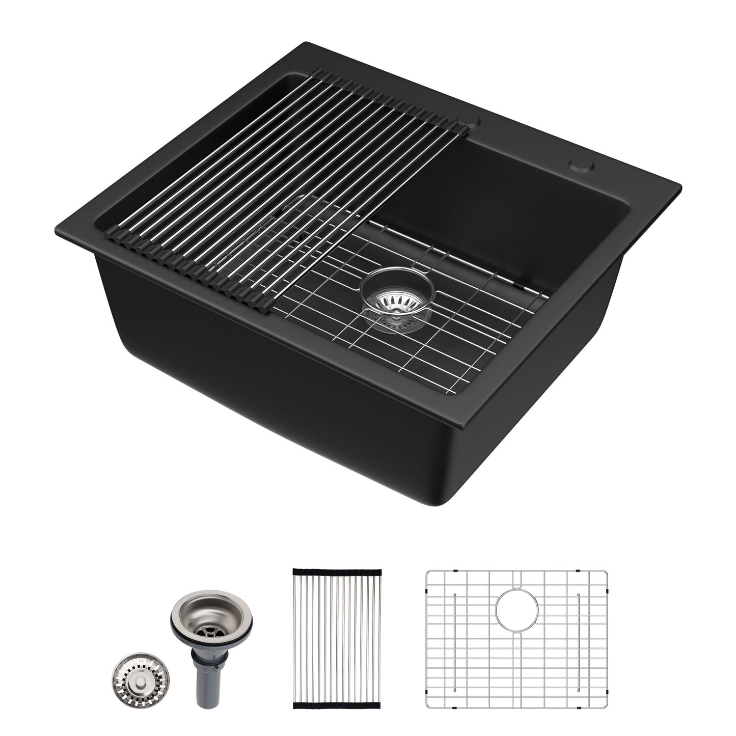 Dcolora 25" Quartz Sink Drop In Wet Bar Sink Black Prep Kitchen Sink Topmount Deep Single Bowl, 25"x22", Round Corner, DC-GU7753