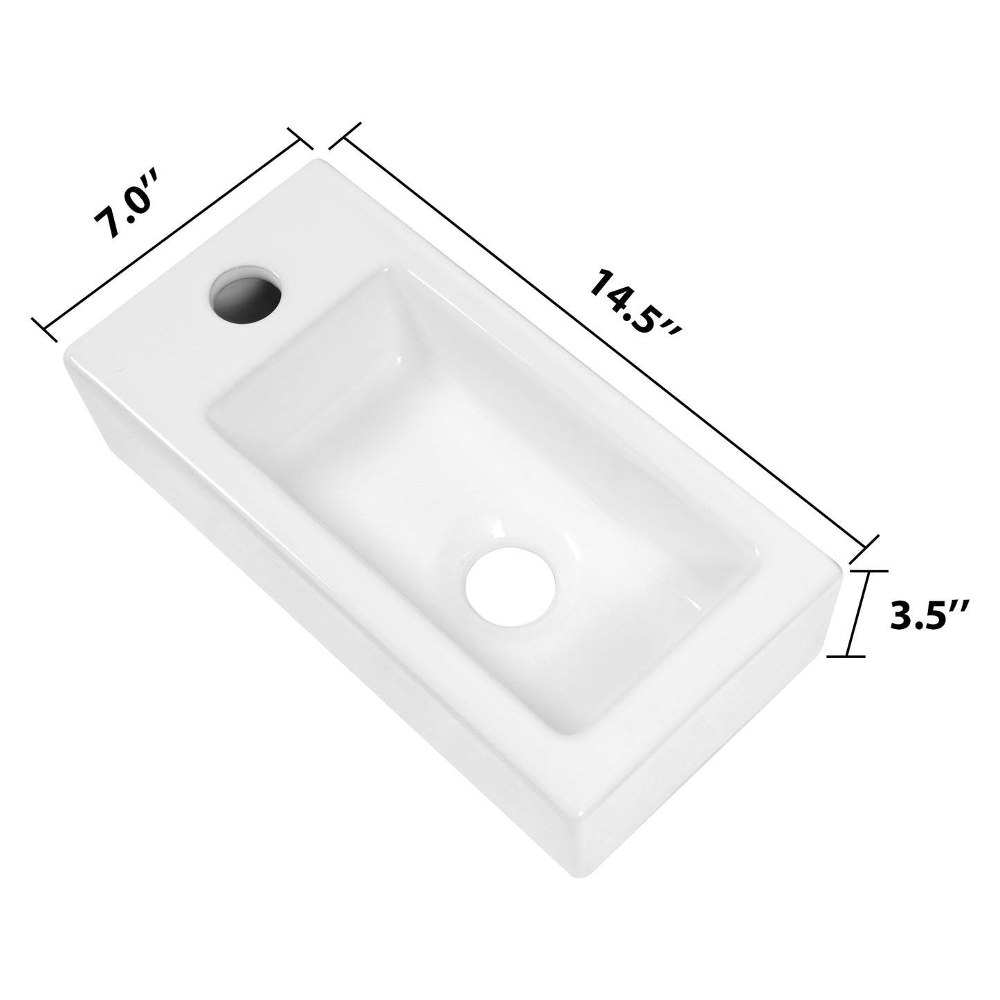 Dcolora Small Bathroom Sink 14.5"x7" Small Floating Sink Wall Mounted Bathroom Sink Rectangle White Ceramic Porcelain Wall Mount Sink, Right Hand