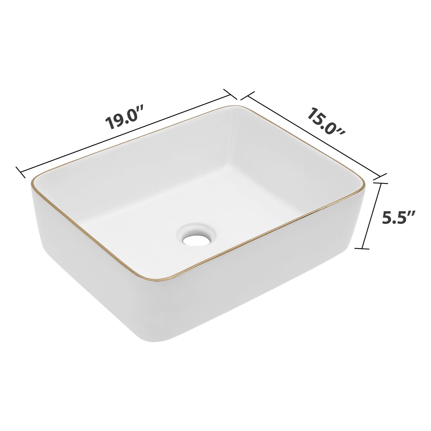 Dcolora Vessel Sink Rectangular 19"x15" White Vessel Sink with Glod Rim Ceramic Porcelain Rectangle Bathroom Sink Above Counter Vanity Sink Basin