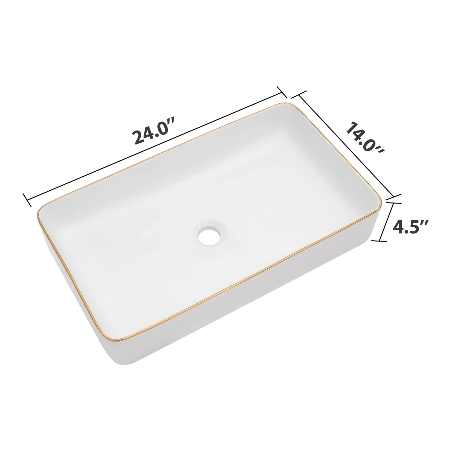 Dcolora Vessel Sink Rectangular 24"x14" White Vessel Sink with Glod Rim Ceramic Porcelain Rectangle Bathroom Vessel Sink Above Counter Vanity Sink Basin-DC-V8893