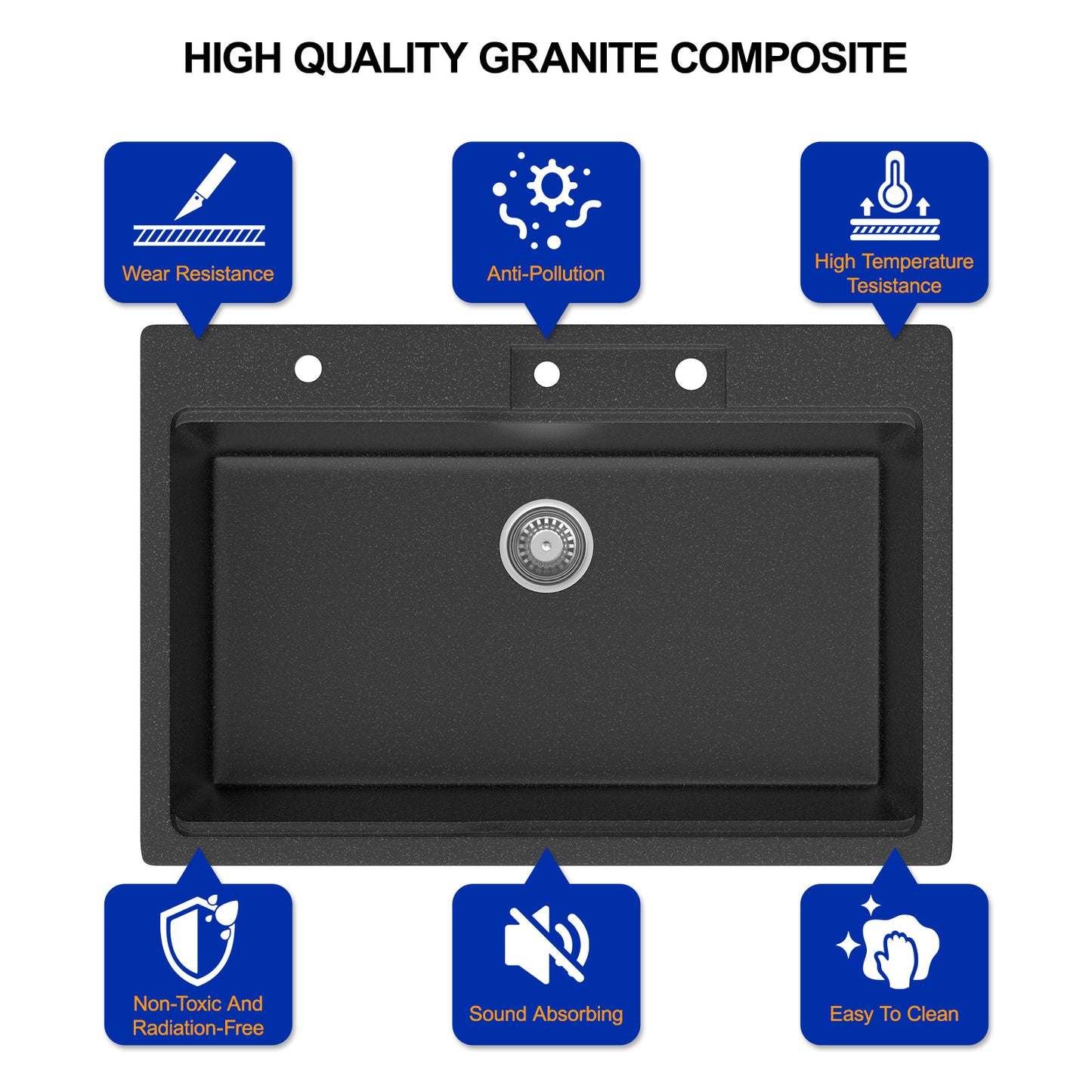 Dcolora Waterfall Smart Kitchen Sink 33x22 Drop In Single Bowl Multifunctional Kitchen Sinks With Faucet And Cup Washer,33 Inch Granite Composite (Black) DC-GBT7733FY
