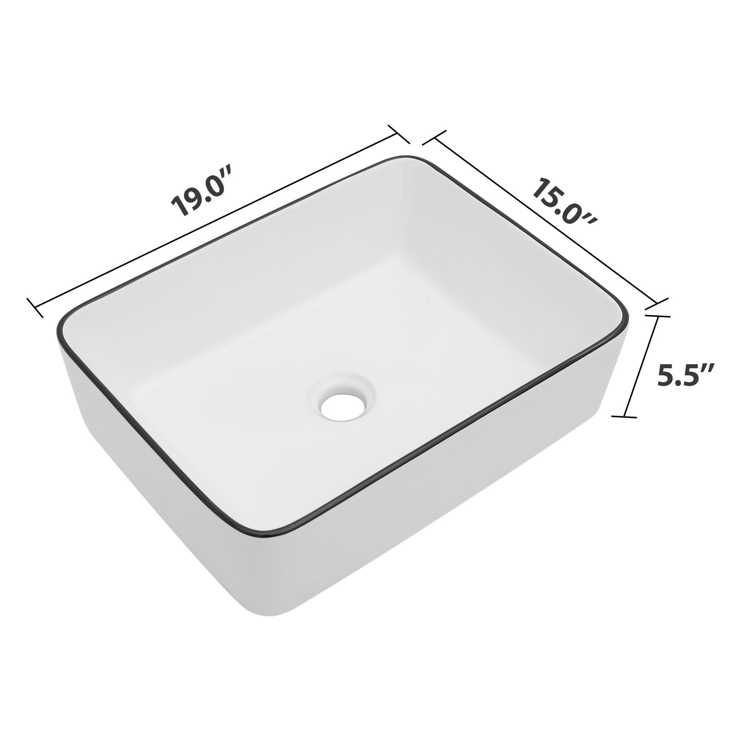 Vessel Sink Rectangular, Dcolora 19"x15" White Vessel Sink with Black Rim Ceramic Porcelain Rectangle Bathroom Vessel Sink Above Counter Vanity Sink Basin