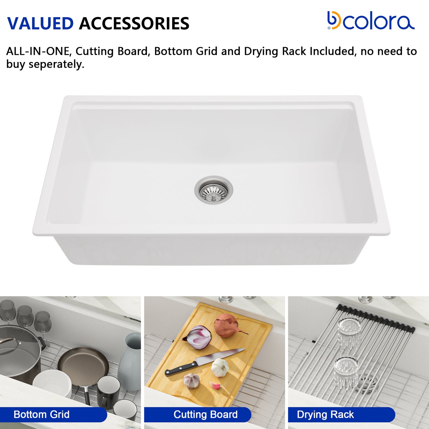 Dcolora White Kitchen Sink 30 inches Granite Composite Workstation Undermount Single Bowl Quartz Kitchen Sink 30"W x 19"D x 10"H, DC-GU7754