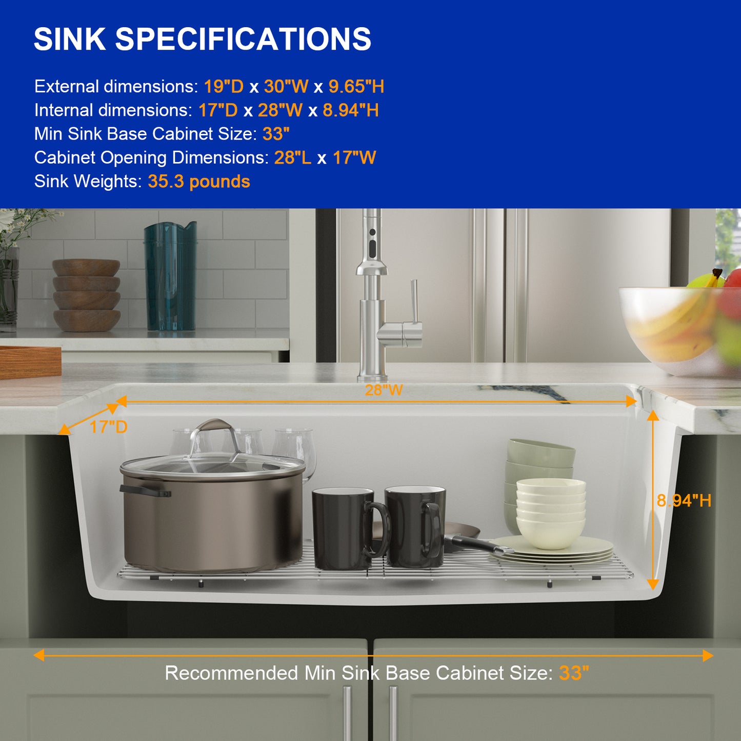 Dcolora White Kitchen Sink 30 inches Granite Composite Workstation Undermount Single Bowl Quartz Kitchen Sink 30"W x 19"D x 10"H, DC-GU7754