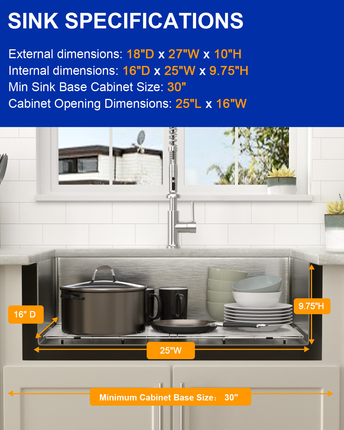 Dcolora 27 Inch Undermount Kitchen Sink 16 Gauge Stainless Steel Deep Large Single Bowl Under Counter Sink, 27"x18"x10" Rounded Corner, DC-U7713