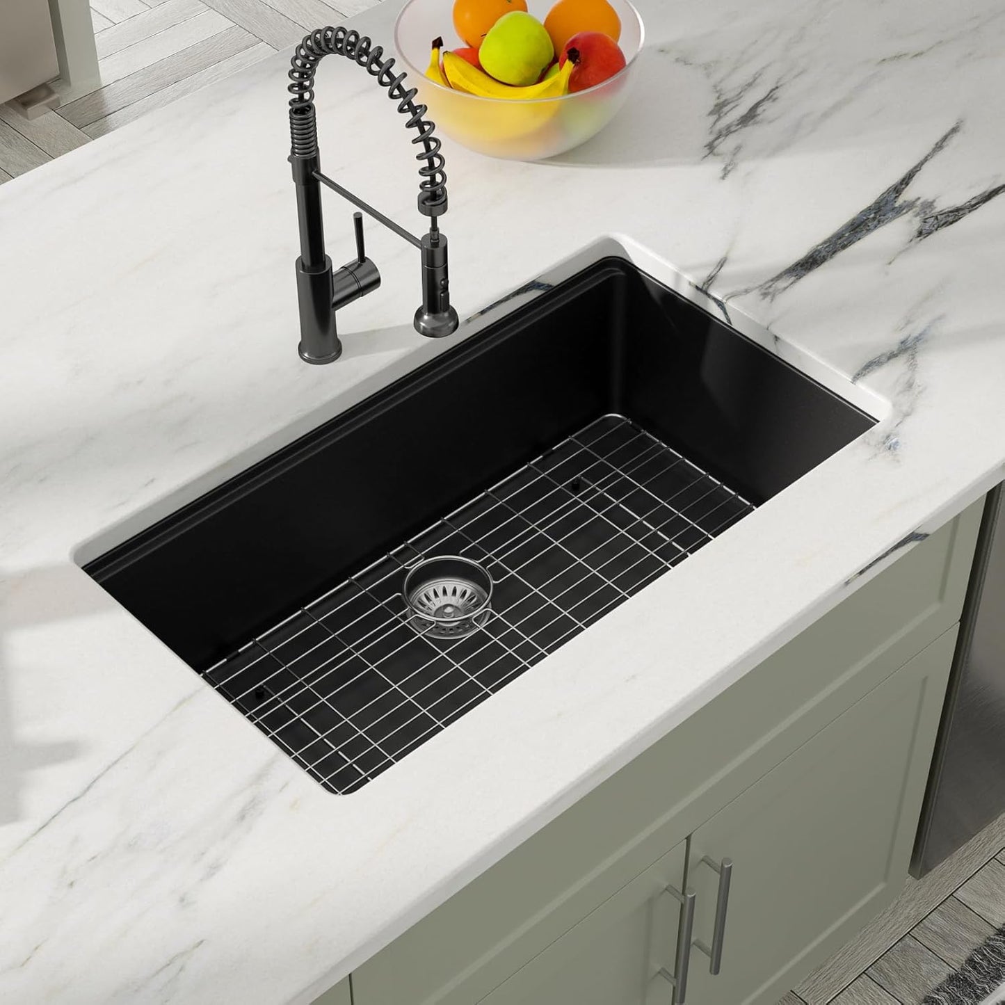 Dcolora 32 inches Granite Composite Kitchen Sink Workstation Black Undermount Single Bowl Large Kitchen Sink 32"W x 19"D x 10"H, DC-GU7741