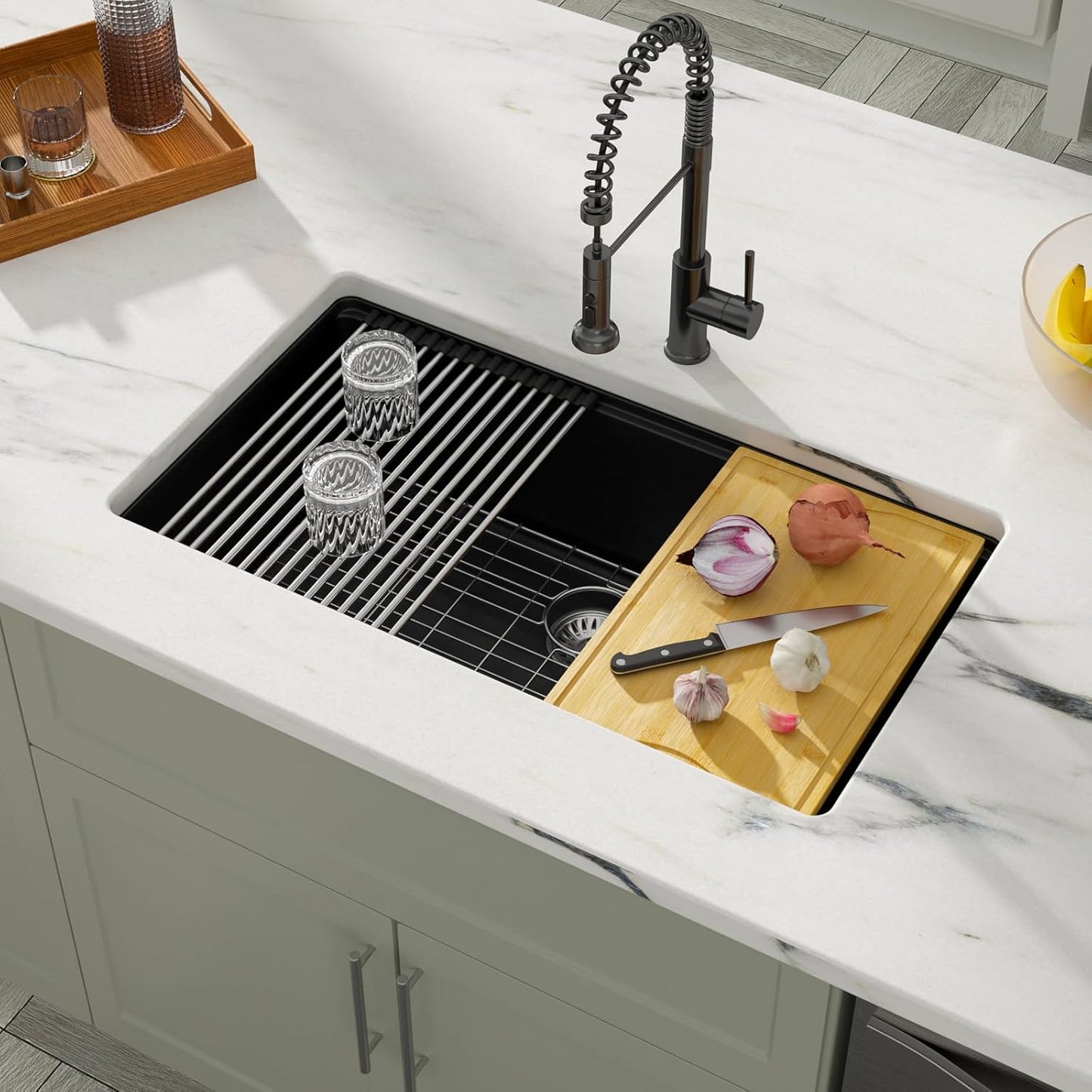 Dcolora 32 inches Granite Composite Kitchen Sink Workstation Black Undermount Single Bowl Large Kitchen Sink 32"W x 19"D x 10"H, DC-GU7741