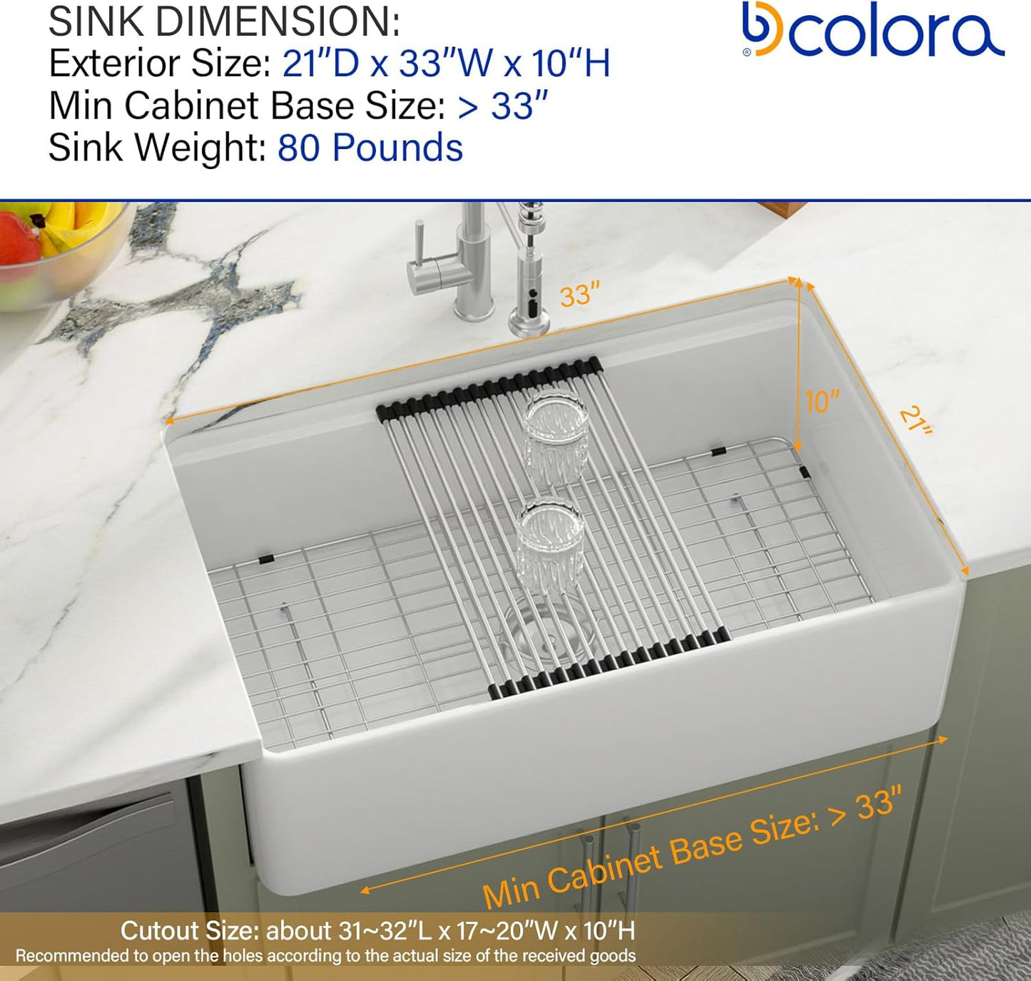 Dcolora 33 Inch White Farmhouse Sink Workstation Ceramic Farm Kitchen Sinks with Slide Ledge Curved Apron Front White Fireclay Porcelain Single Bowl, 33"x21"x10" DC-A7766