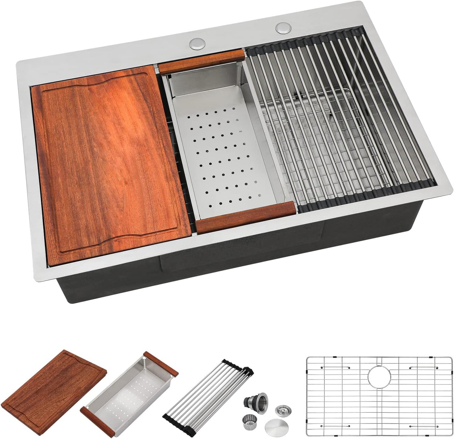 Dcolora 33x22 Drop In Kitchen Sink Workstation 16 Gauge 304 Stainless Steel Single Bowl Topmount Sinks, Round Corner 33"x22"x10", DC-T7741