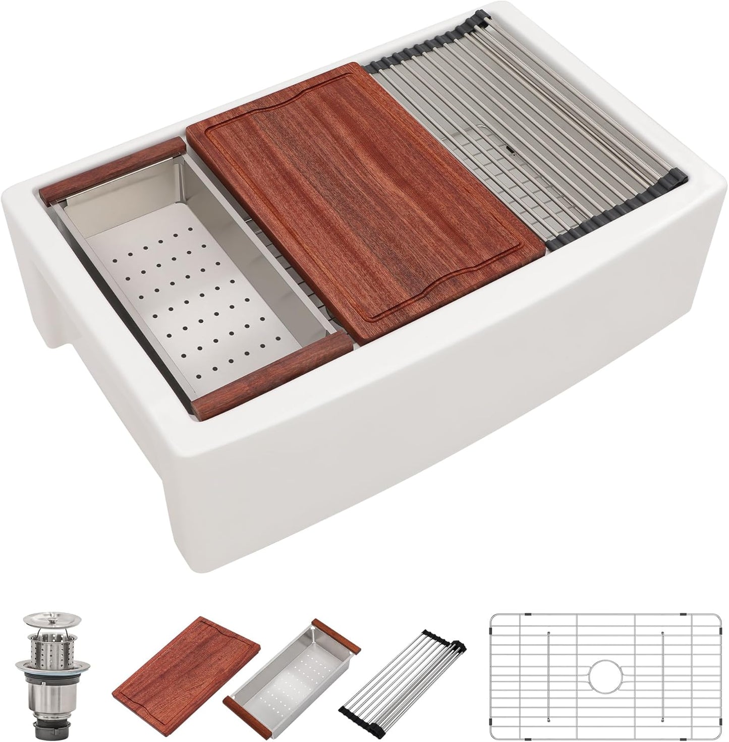 Dcolora 33 Inch White Farmhouse Sink Workstation Ceramic Farm Kitchen Sinks with Slide Ledge Curved Apron Front White Fireclay Porcelain Single Bowl, 33"x21"x10" DC-A7766