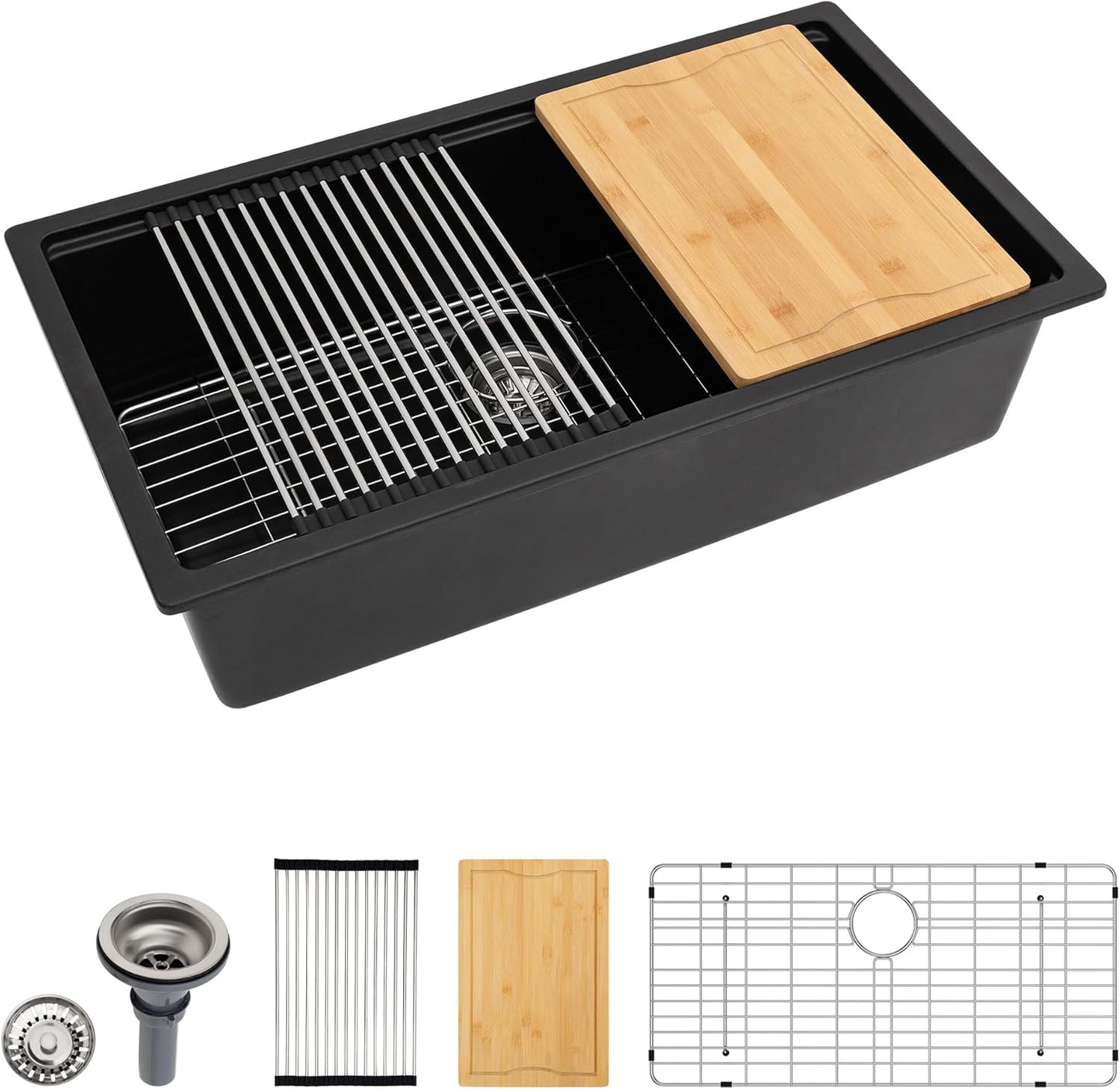Dcolora 32 inches Granite Composite Kitchen Sink Workstation Black Undermount Single Bowl Large Kitchen Sink 32"W x 19"D x 10"H, DC-GU7741