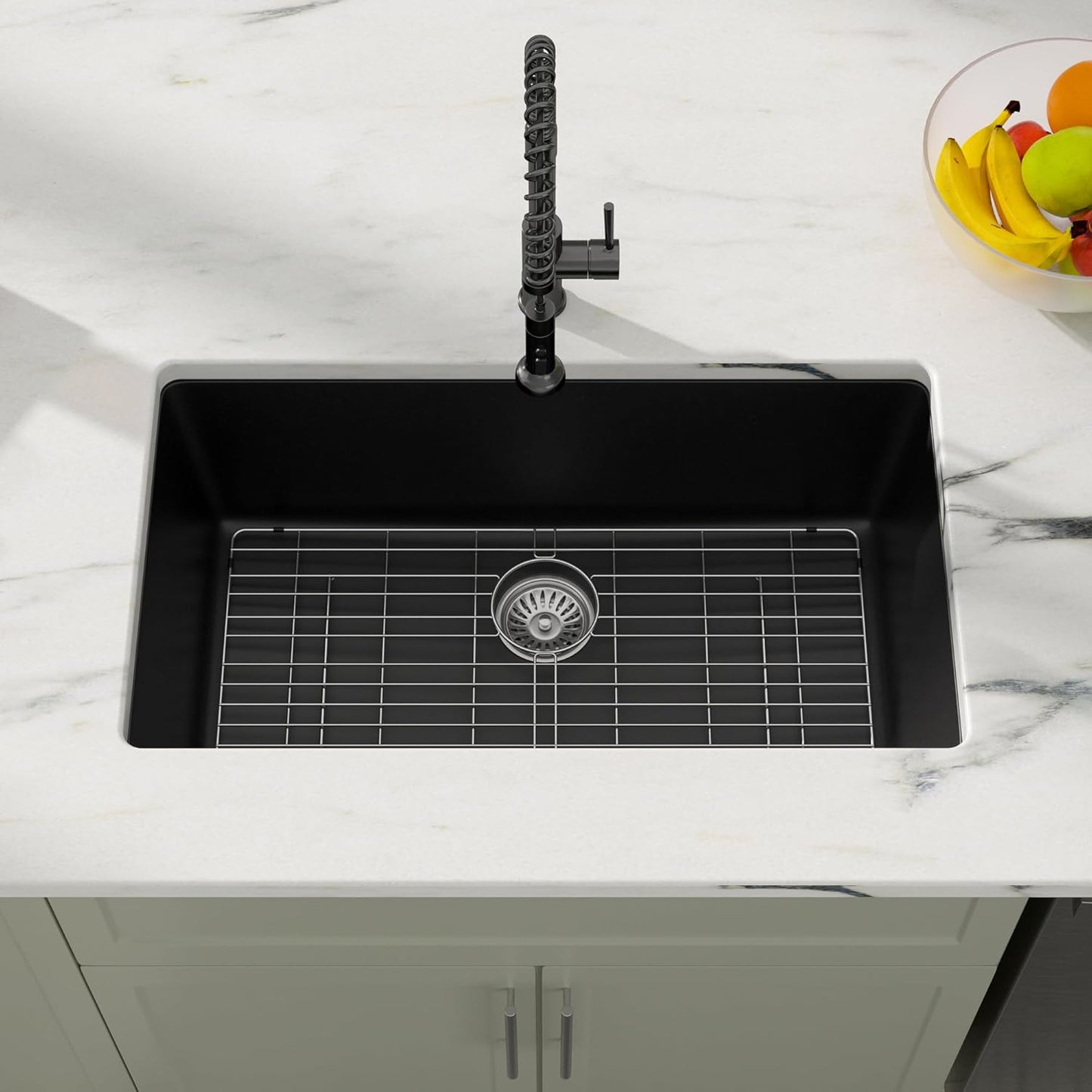 Dcolora 33 Inch Quartz Composite Black Kitchen Sink Undermount Sinks Deep Single Bowl, 33"x19", Round Corner, DC-GU7749