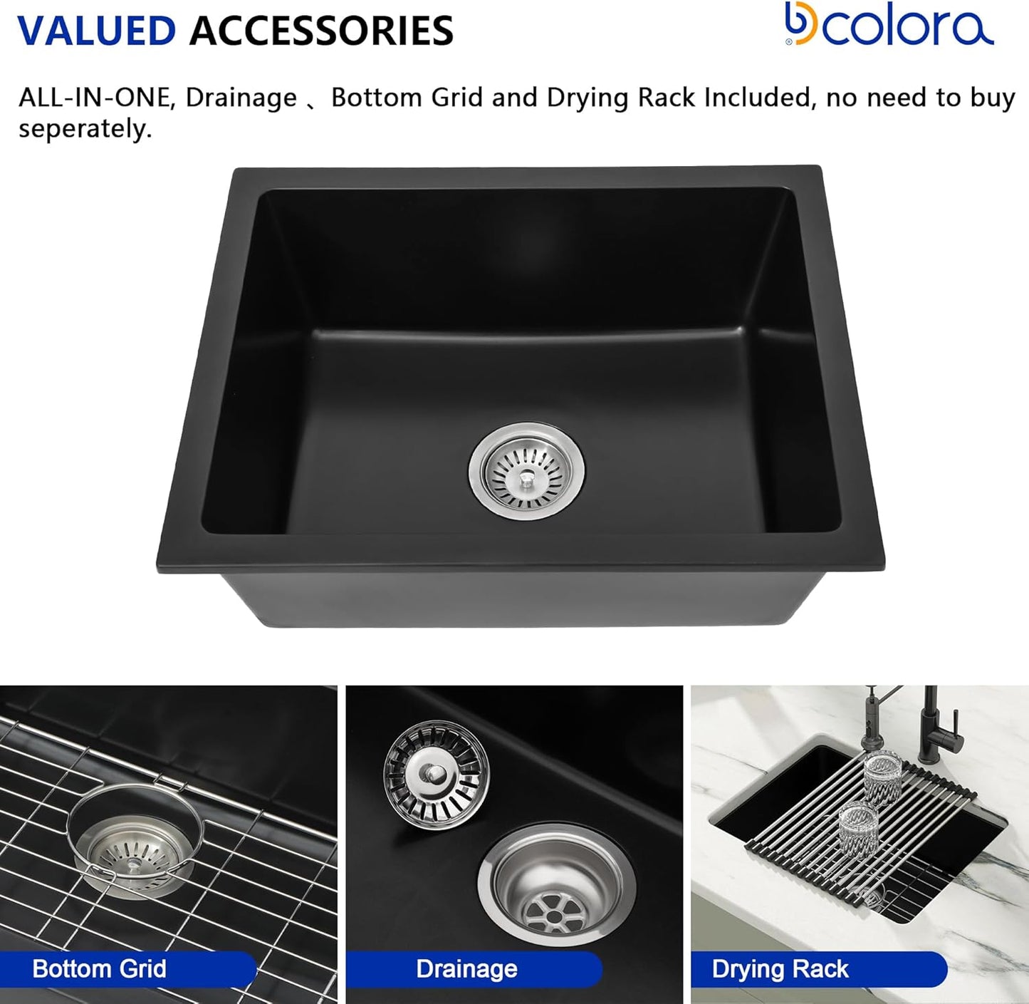 Dcolora 22 Inch Quartz Composite Bar Sink Black Undermount Small Kitchen Sink Prep RV Single Bowl Under Counter, Round Corner, 22"x17", DC-GU7747