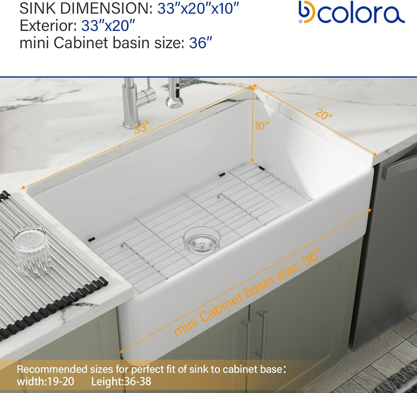 Dcolora 33 Inch White Farmhose Sink Farm Kitchen Sink Apron Front White Ceramic Porcelain Fireclay Single Bowl Farmer DC-A7756