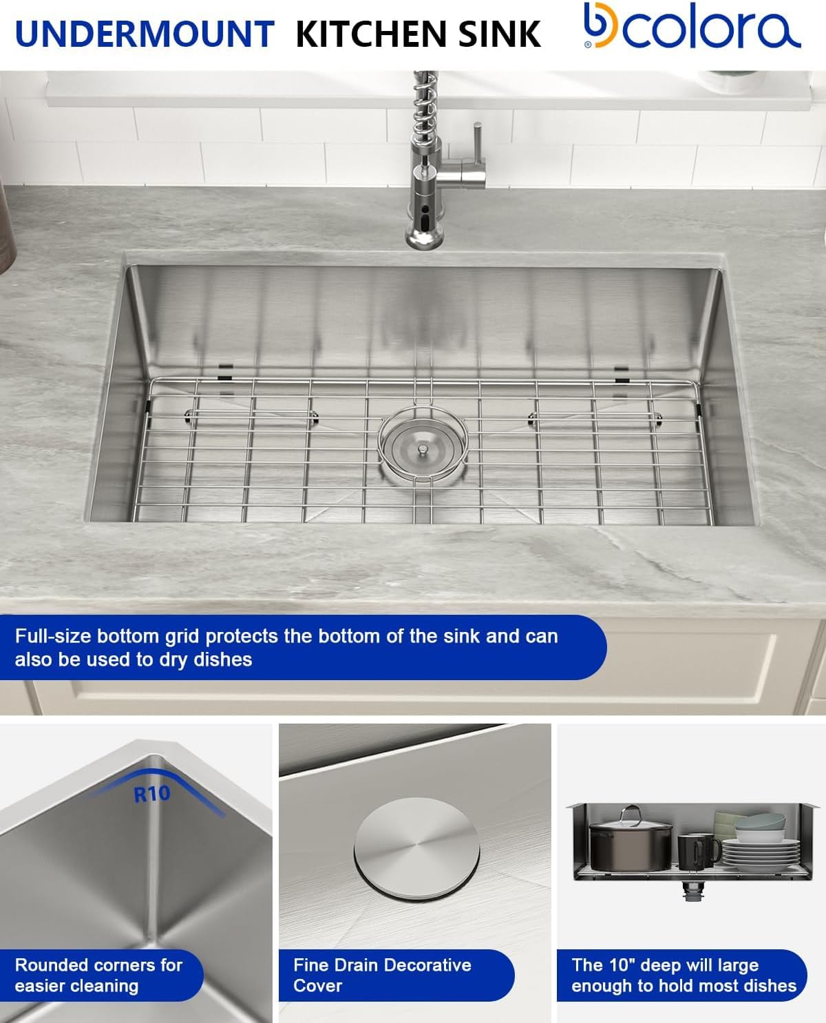 Dcolora 27 Inch Undermount Kitchen Sink 16 Gauge Stainless Steel Deep Large Single Bowl Under Counter Sink, 27"x18"x10" Rounded Corner, DC-U7713