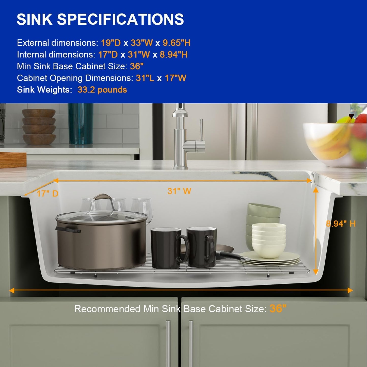 Dcolora 33" Quartz Composite White Kitchen Sink Undermount Sink Deep Single Bowl, Round Corner, 33"x19", DC-GU7750