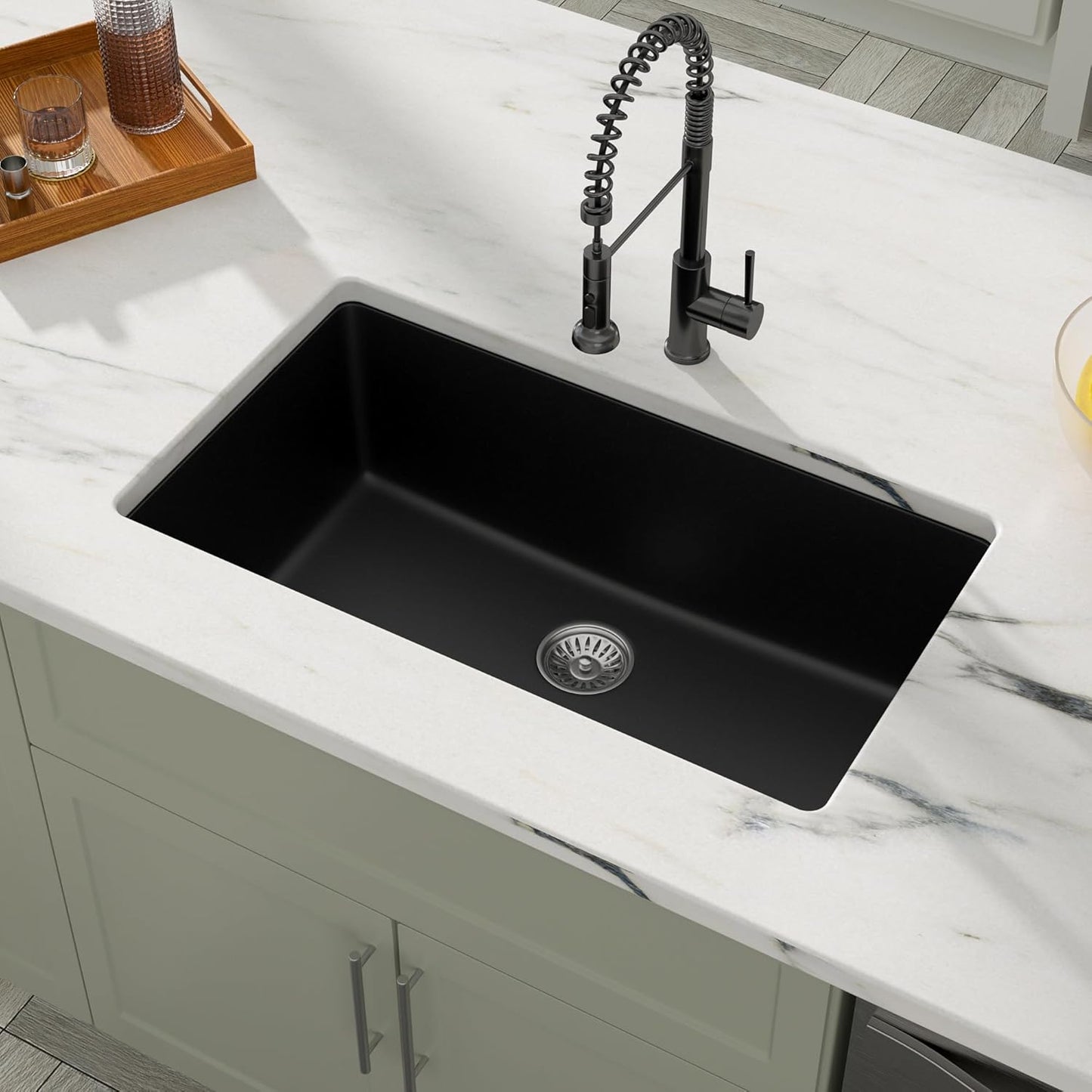 Dcolora 33 Inch Quartz Composite Black Kitchen Sink Undermount Sinks Deep Single Bowl, 33"x19", Round Corner, DC-GU7749