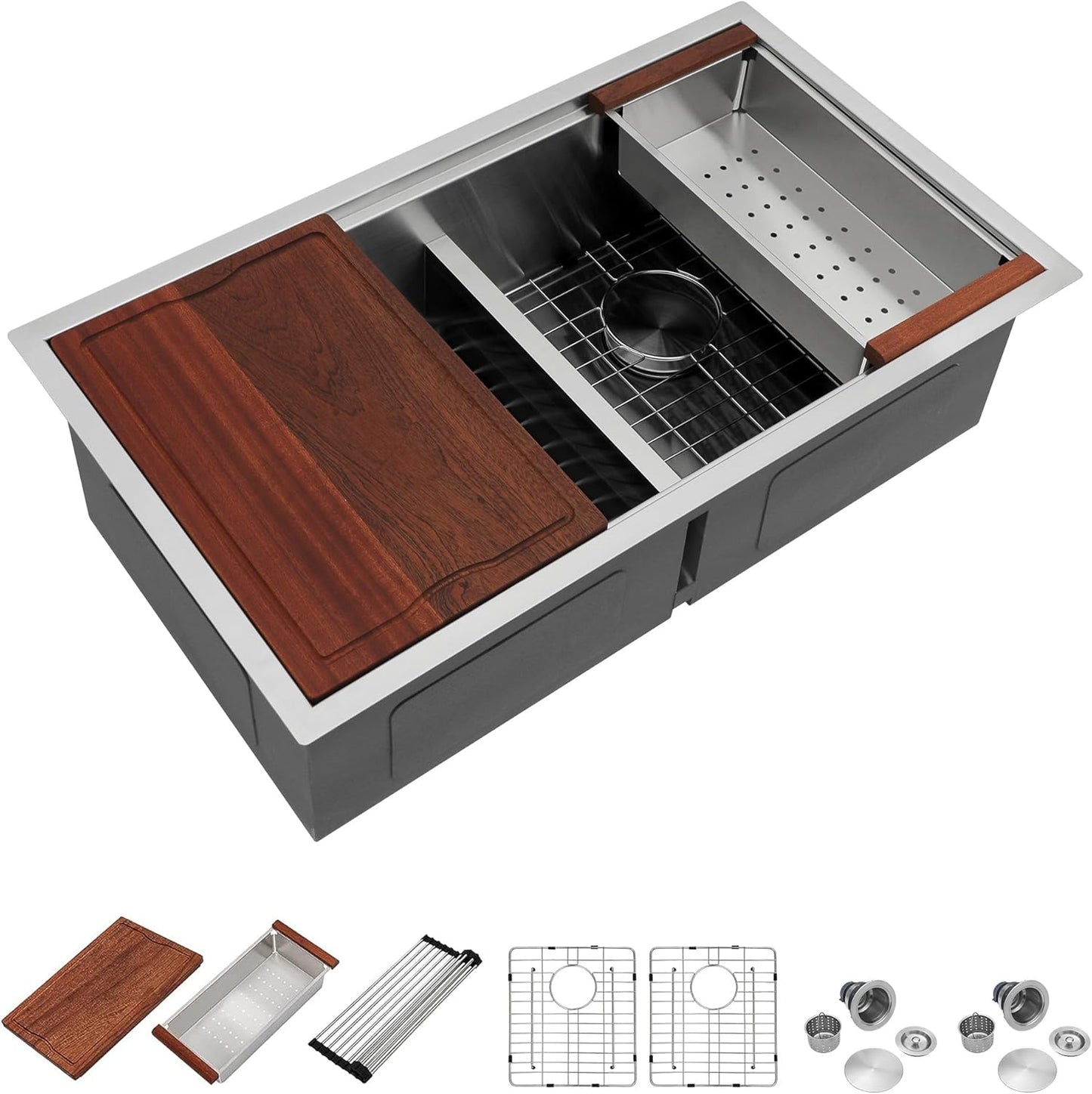 Dcolora 33 Inch Double Bowl Undermout Kitchen Sink Stainless Steel Workstation Sinks Ledge Workstation 50/50 Split Low Divided 16 Gauge Under Counter Basin, 33"x19"x10" DC-U7709