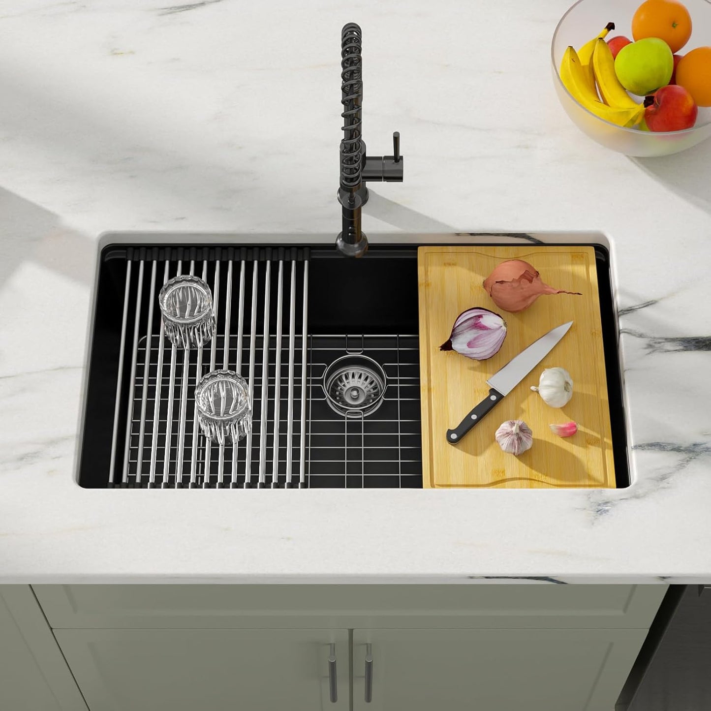 Dcolora 32 inches Granite Composite Kitchen Sink Workstation Black Undermount Single Bowl Large Kitchen Sink 32"W x 19"D x 10"H, DC-GU7741