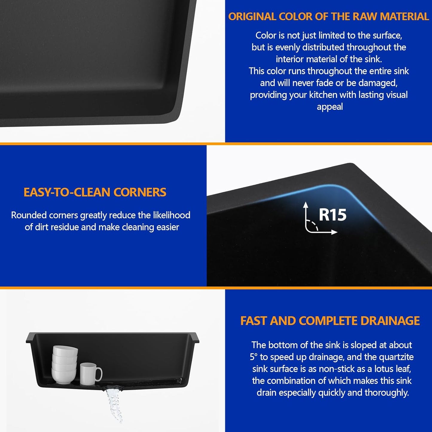 Dcolora 33 Inch Quartz Composite Black Kitchen Sink Undermount Sinks Deep Single Bowl, 33"x19", Round Corner, DC-GU7749