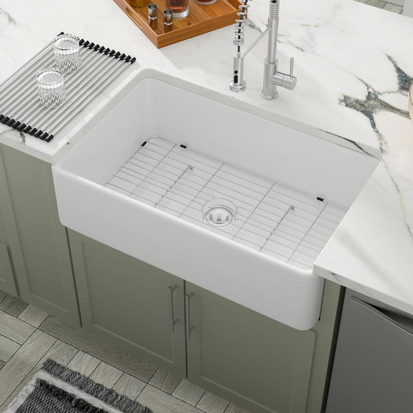 Dcolora 33 Inch White Farmhose Sink Farm Kitchen Sink Apron Front White Ceramic Porcelain Fireclay Single Bowl Farmer DC-A7756