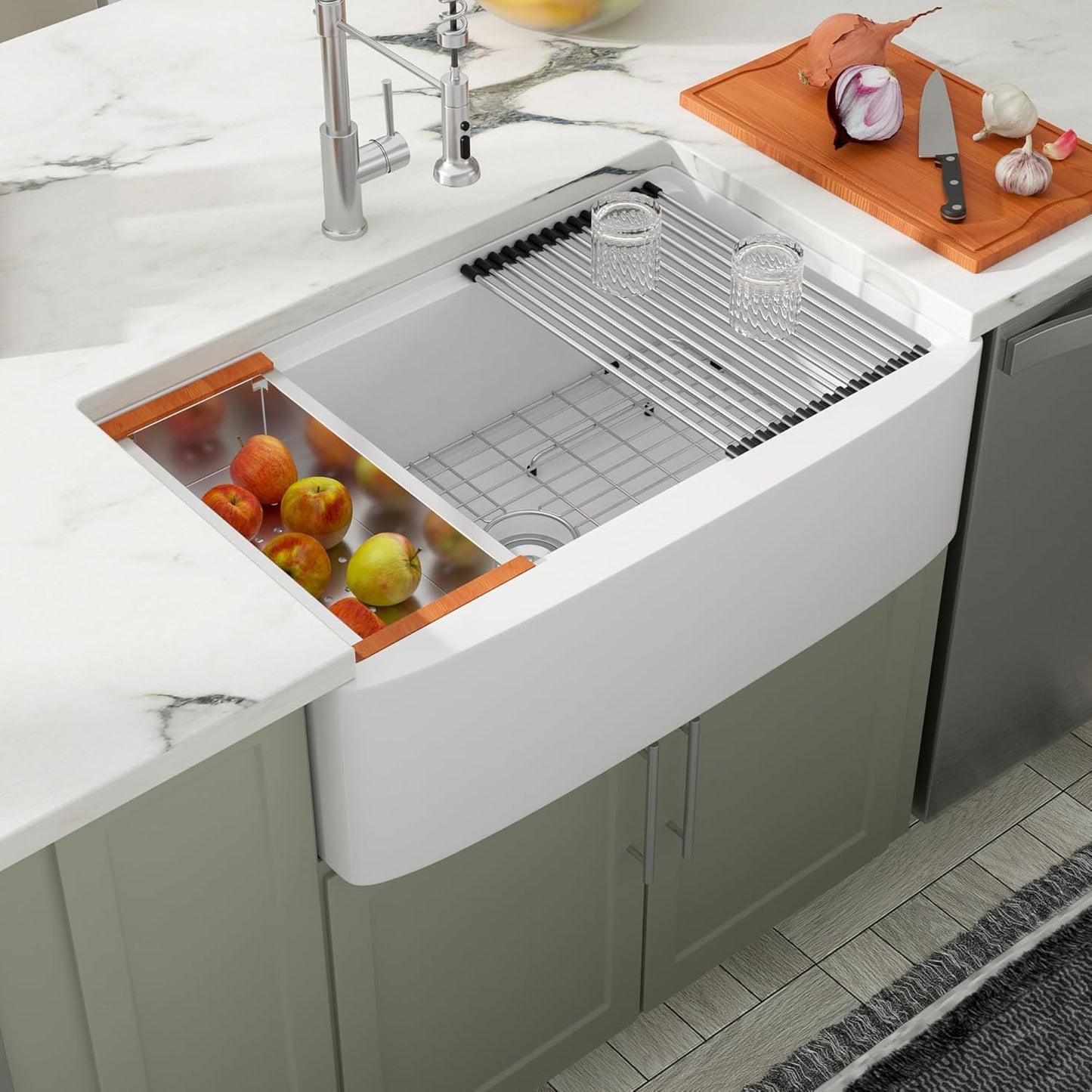 Dcolora 33 Inch White Farmhouse Sink Workstation Ceramic Farm Kitchen Sinks with Slide Ledge Curved Apron Front White Fireclay Porcelain Single Bowl, 33"x21"x10" DC-A7766