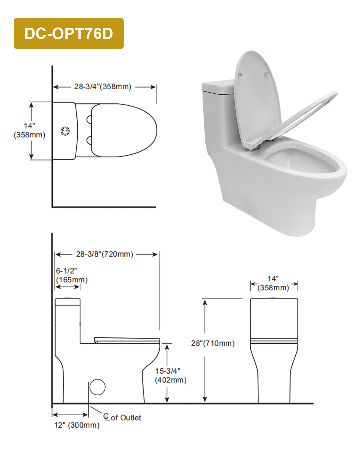 Dcolora One Piece Toilet Dual Flush 1.1/1.6 GPF Siphonic Flushing Bathroom Modern Comfort Height White Ceramic Compact Tall Toilet, 12" Rough-in, DC-O8812