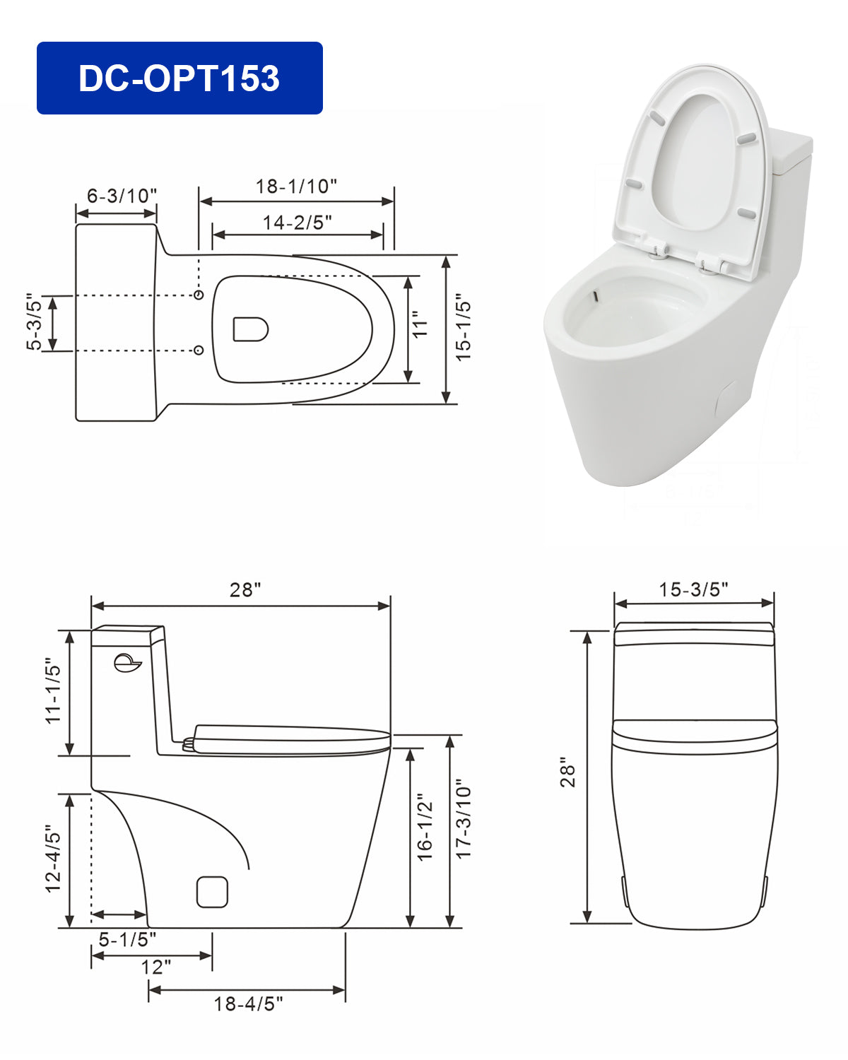 Dcolora One Piece Toilet DC-OPT153 - Efficient 1.28 GPF Bathroom Toilet with Comfort Seat and Chair Height, Modern Design, 27.6 x 16.1 x 26.4, Ivory White, 12" Rough-in