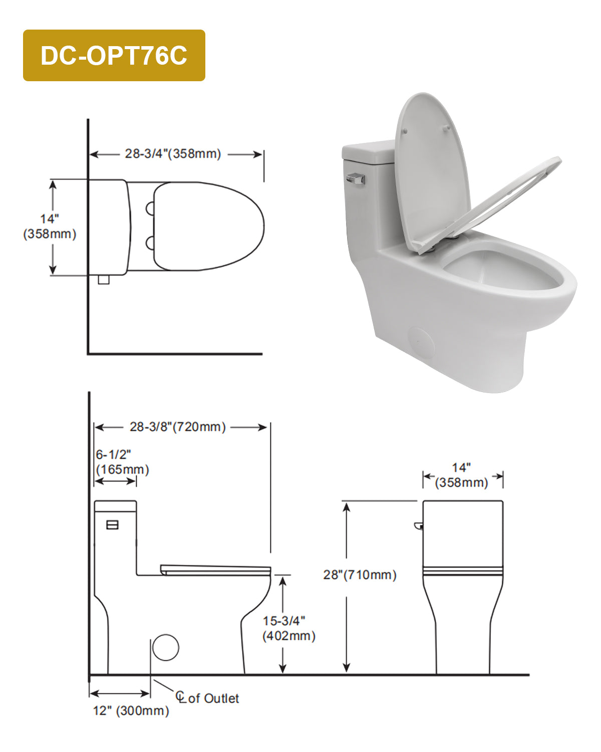 Dcolora One Piece Toilet Single Flush 1.28 GPF Siphonic Flushing Bathroom Modern Comfort Height White Ceramic Standard Compact Tall Elongated Toilet, 12" Rough-in, DC-O8811