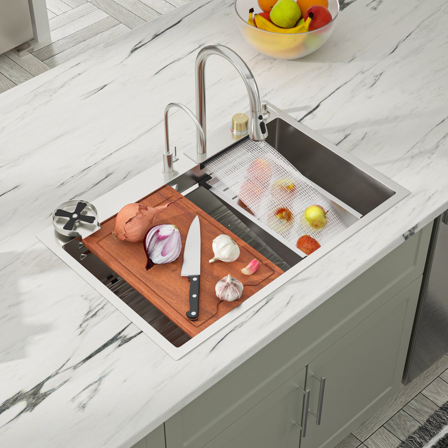 Dcolora 33x22 Waterfall Kitchen Sink Smart Workstation Sink with Faucet Combo 304 Stainlee Steel 16 Gauge Drop In Single Bowl Multifunctional Top Mount Sink DC-FY0001, 33 inch Brushed Nickel