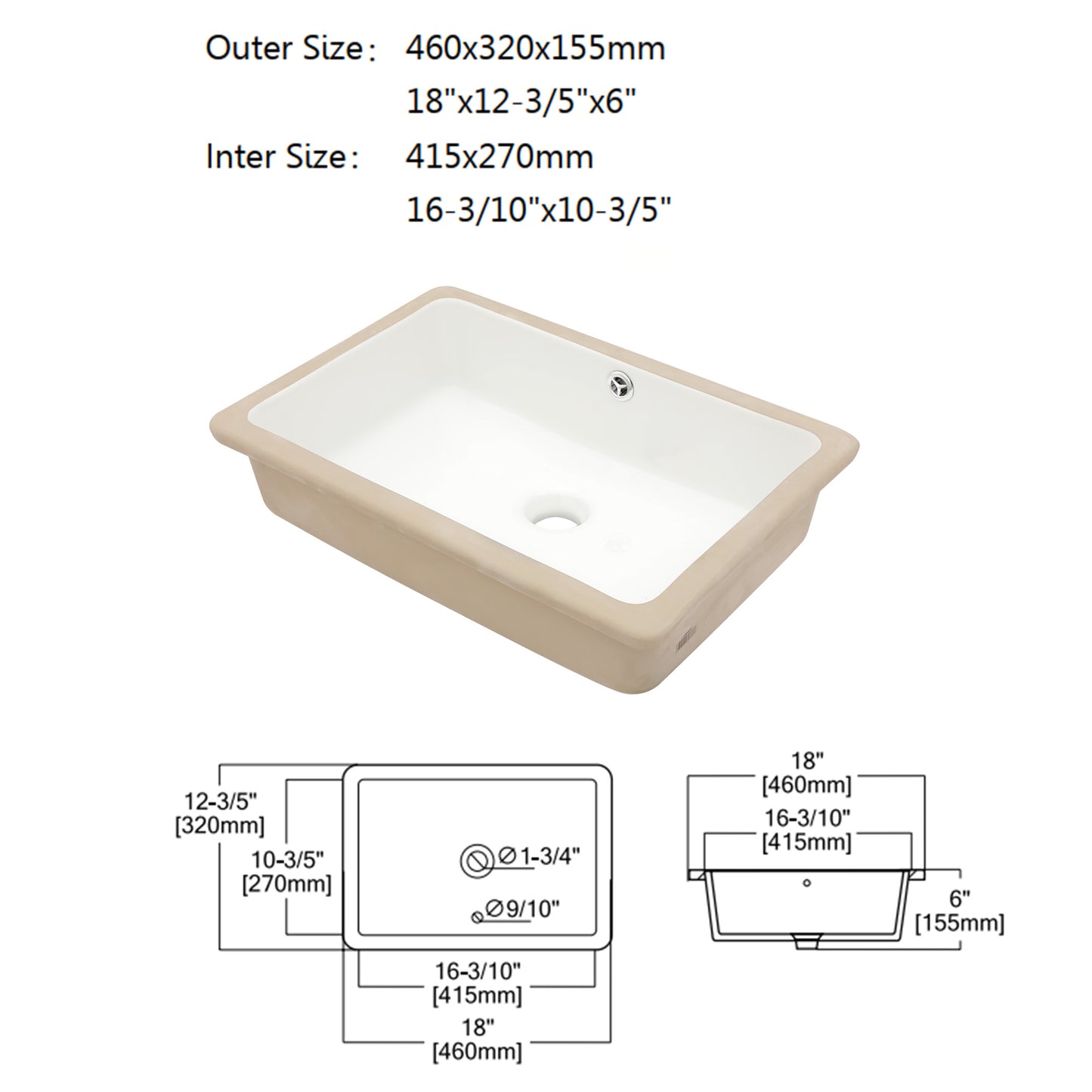 Dcolora Undermount Bathroom Sink Rectangle 16"x10" White Porcelain Ceramic Rectangular Vessel Sink Under Counter Lavatory Vanity Bath Sink Bowl Basin With Overflow