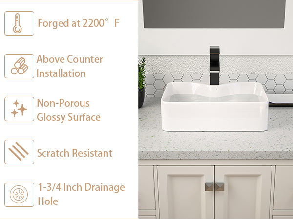 Vessel Sink Rectangular, Dcolora 19"x15" White Vessel Sink Ceramic Porcelain Rectangle Bathroom Vessel Sink Above Counter Vanity Sink Basin