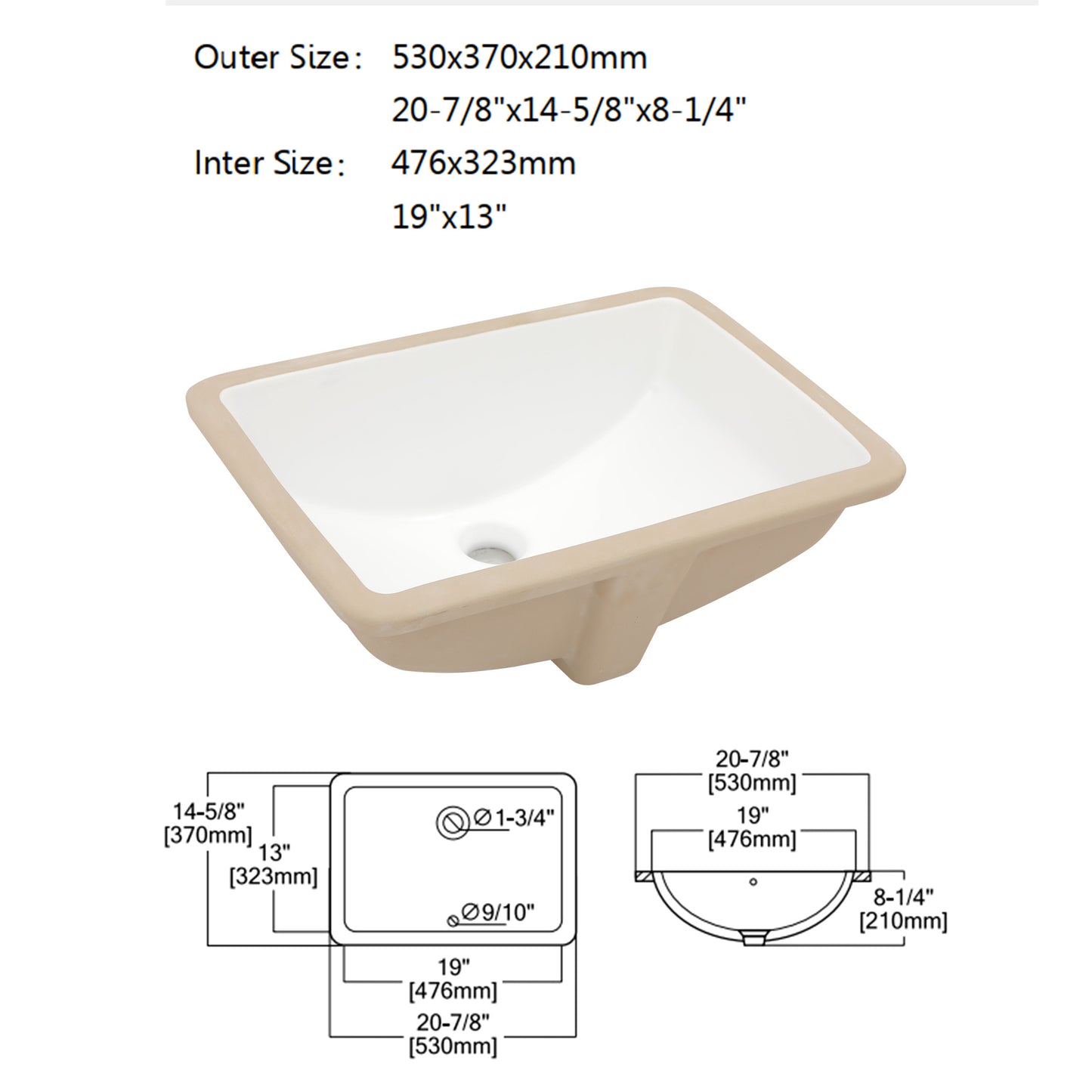 Dcolora Undermount Bathroom Sink Rectangle 19"x13" White Porcelain Ceramic Rectangular Vessel Sink Under Counter Lavatory Vanity Bath Sink Bowl Basin With Overflow