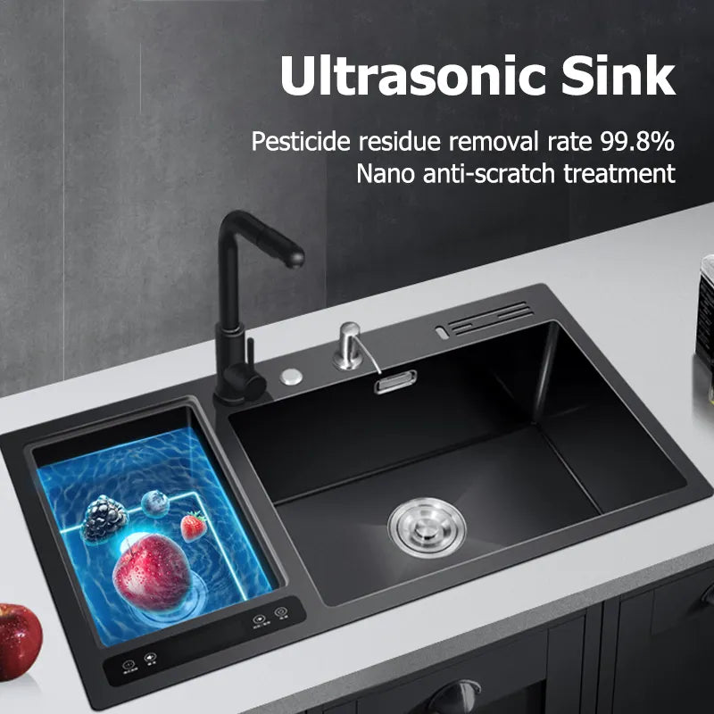 Dcolora Smart Ultrasonic Kitchen Black Sink Vegetable Dishwasher 304 Stainless Steel Seamless Handmade Sink