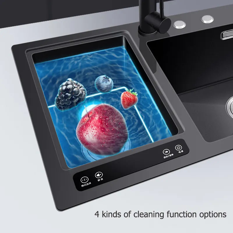 Dcolora Smart Ultrasonic Kitchen Black Sink Vegetable Dishwasher 304 Stainless Steel Seamless Handmade Sink