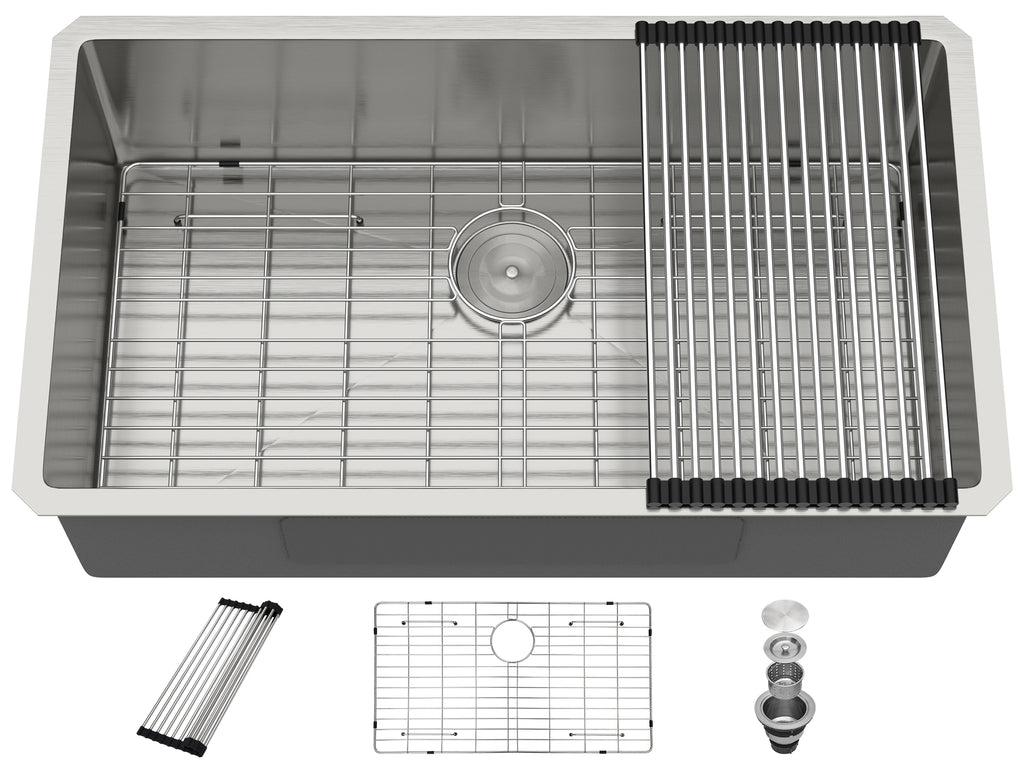 Dcolora 32''x19''x10'' Undermount Kitchen Sink, Hand Welded 16 Gauge 304 Stainless Steel Classic Brushed Large Single Bowl Basin, Round Corner