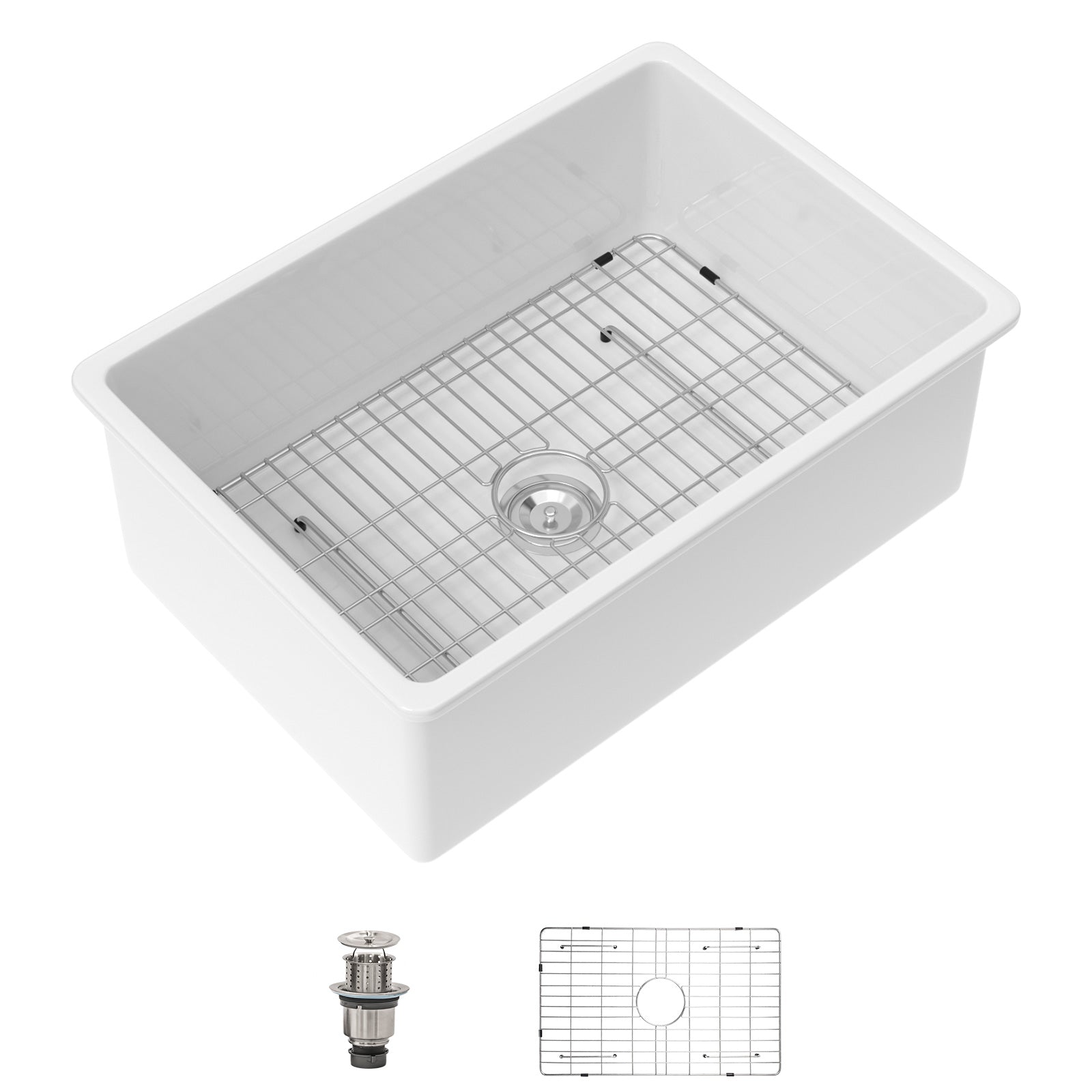 Dcolora 27 Inch White Undermount Kitchen Sink Handmade Ceramic Fireclay Deep Single Bowl Under Counter Sinks Porcelain Dual Mount, Round Corner 27"x19"x10", DC-U7745