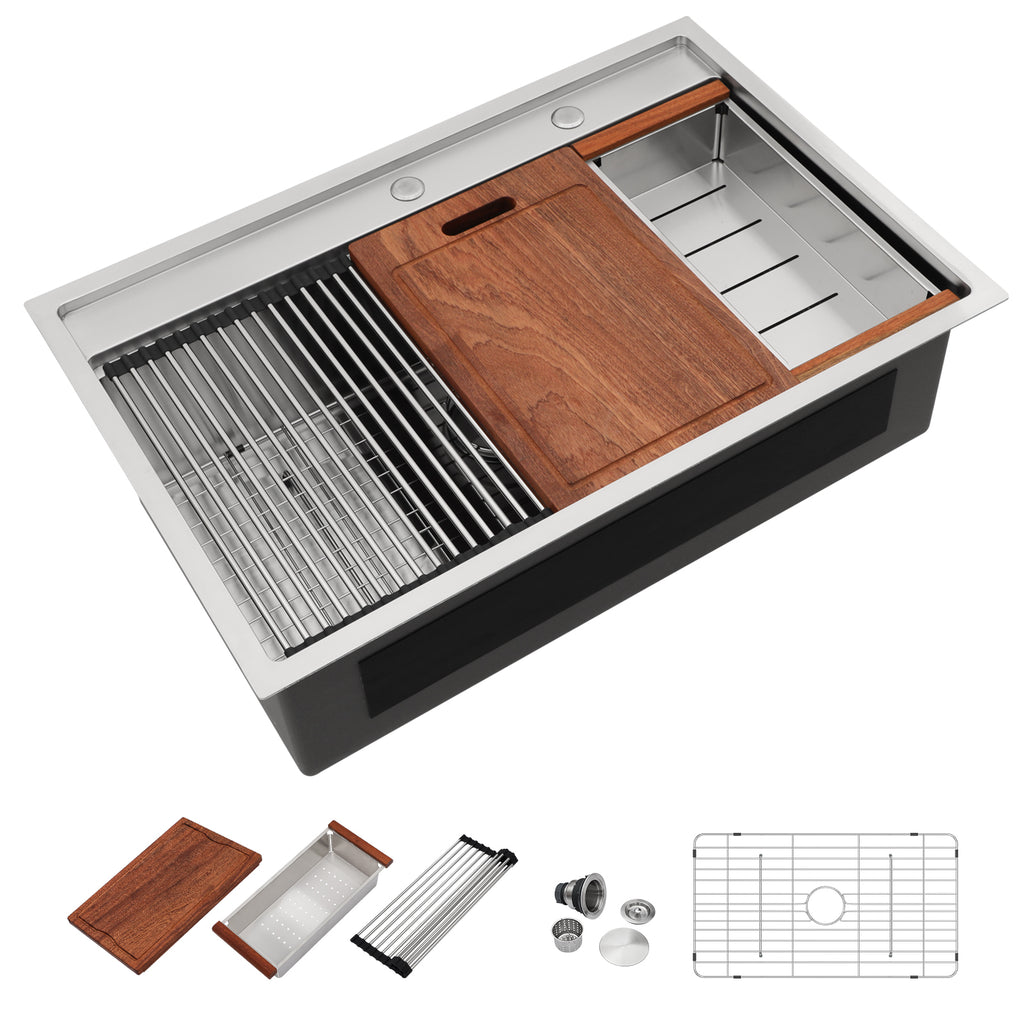 Dcolora 33''x22''x10'' Drop-In Kitchen Sink with Splash Guard, 16 Gauge Stainless Steel Single Bowl Topmount Workstation Basin, Round Corner