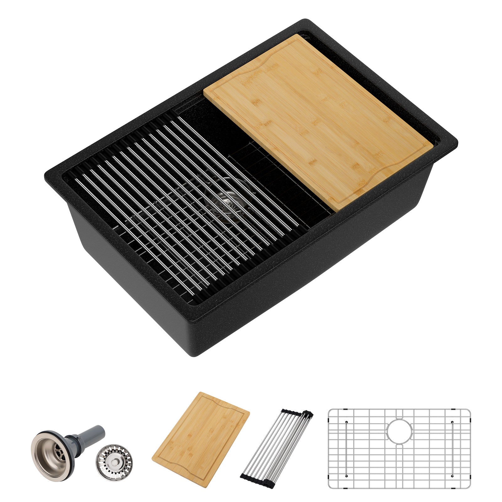 Dcolora 28 Inch Matte Black Undermount Kitchen Sink Single Bowl Modern Sink Workstation Granite Composite,#DC-GU0004BS