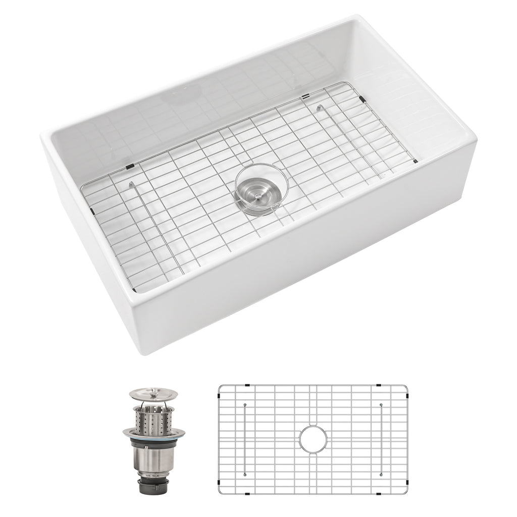 Dcolora 33'' White Farmhouse Sink, Apron Front Fireclay Ceramic Porcelain Single Bowl Kitchen Basin
