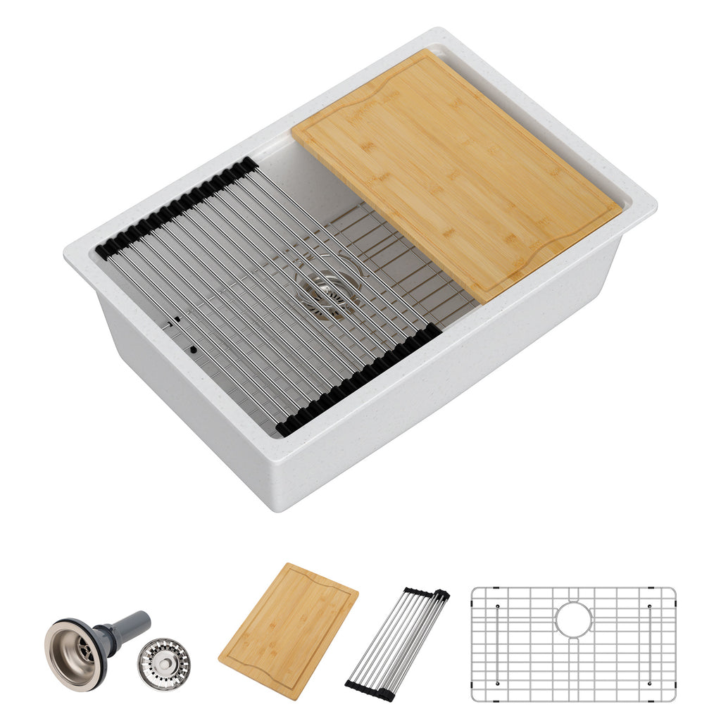 Dcolora 28 Inch White Undermount Kitchen Sink Workstation Single Bowl Modern Kitchen Sink Granite Composite,#DC-GU0003WS