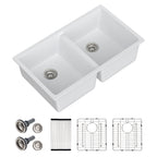 Dcolora 33''x19''x10'' White Undermount Double Bowl Kitchen Sink, 50/50 Split Granite Composite Deep Prep Basin, #DC-GU001W