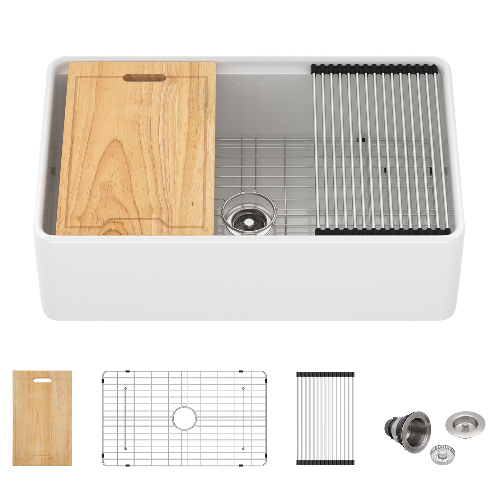 Dcolora 33" White Fireclay Workstation Farmhouse Apron Front Kitchen Sink Complete Accessory Kit